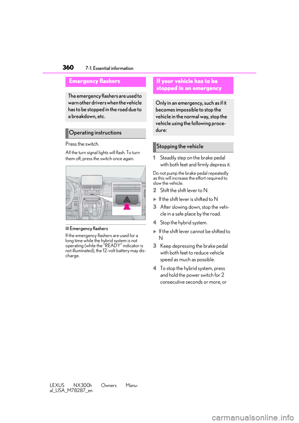 LEXUS NX300H 2019 Owners Manual 3607-1. Essential information
LEXUS NX300h Owners Manu-
al_USA_M78287_en
7-1.Essential information
Press the switch.
All the turn signal lights will flash. To turn
them off, press the switch once aga LEXUS NX300H 2019 Owners Manual 3607-1. Essential information
LEXUS NX300h Owners Manu-
al_USA_M78287_en
7-1.Essential information
Press the switch.
All the turn signal lights will flash. To turn
them off, press the switch once aga