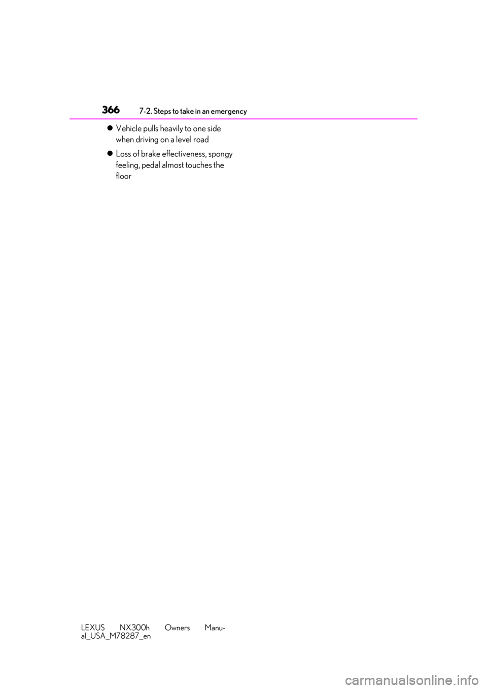 LEXUS NX300H 2019 Owners Manual 3667-2. Steps to take in an emergency
LEXUS NX300h Owners Manu-
al_USA_M78287_en
Vehicle pulls heavily to one side
when driving on a level road
Loss of brake effectiveness, spongy
feeling, pe LEXUS NX300H 2019 Owners Manual 3667-2. Steps to take in an emergency
LEXUS NX300h Owners Manu-
al_USA_M78287_en
Vehicle pulls heavily to one side
when driving on a level road
Loss of brake effectiveness, spongy
feeling, pe