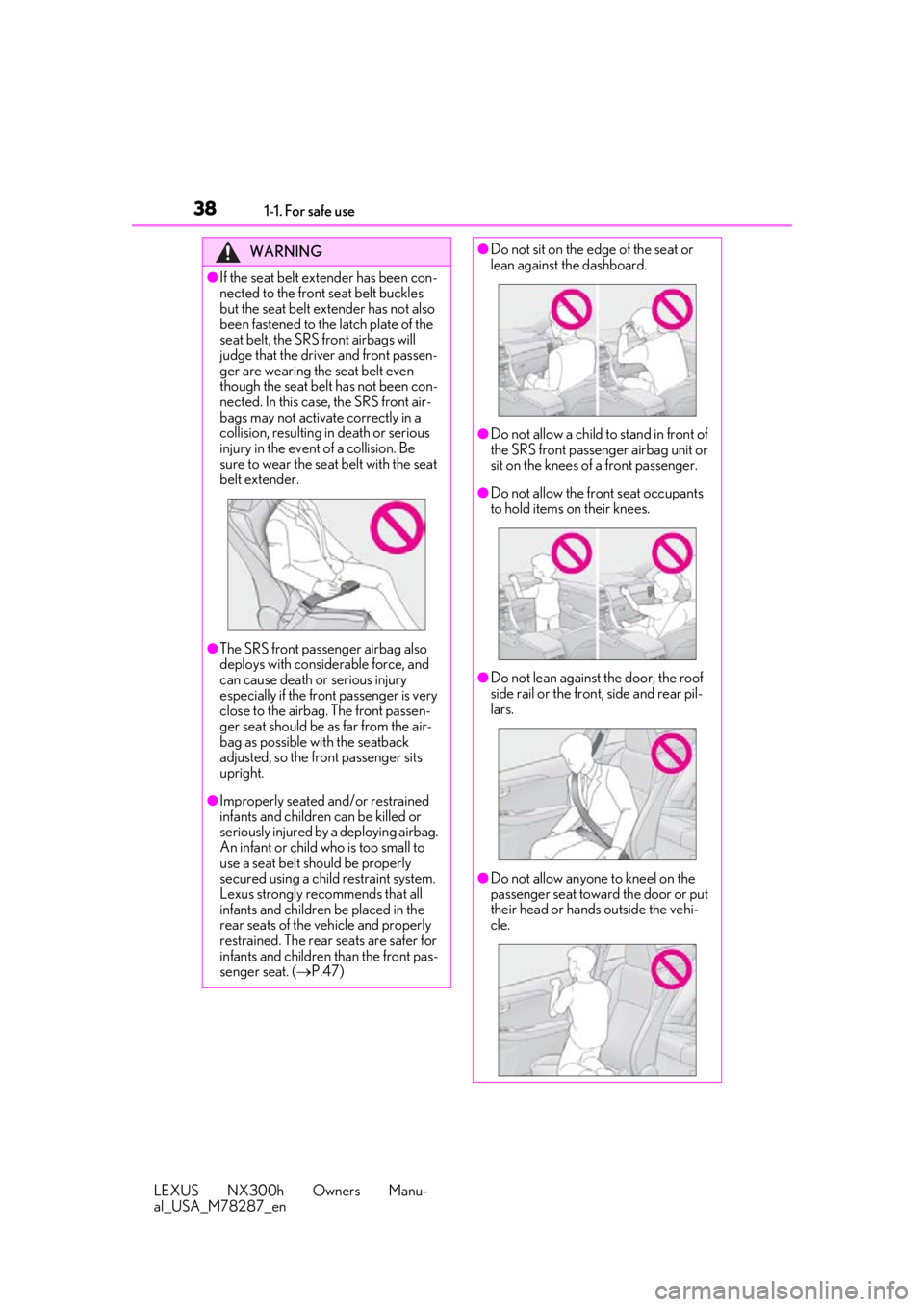 LEXUS NX300H 2019  Owners Manual 381-1. For safe use
LEXUS NX300h Owners Manu-
al_USA_M78287_en
WARNING
●If the seat belt extender has been con-
nected to the front seat belt buckles 
but the seat belt extender has not also 
been f