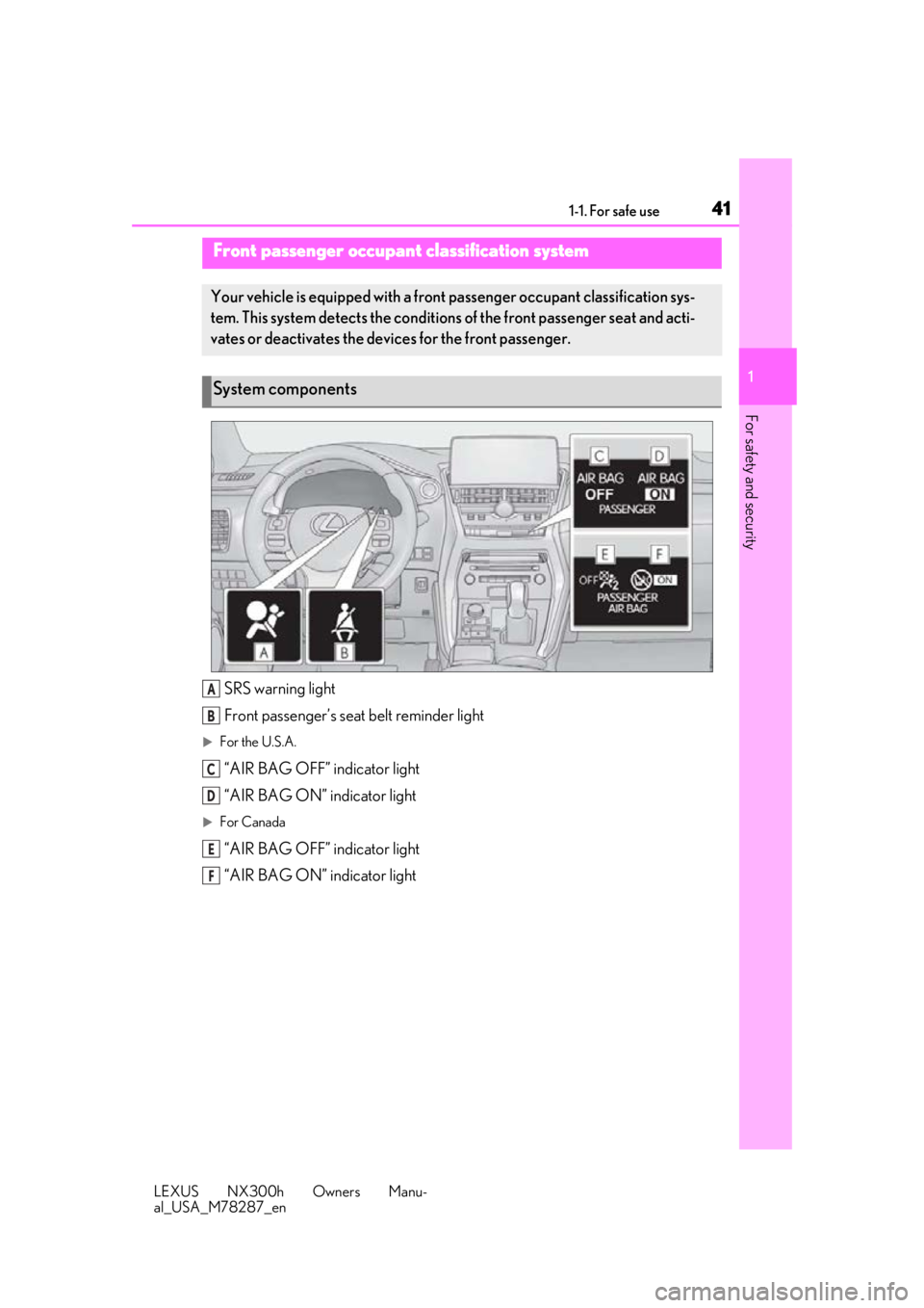 LEXUS NX300H 2019 Service Manual 411-1. For safe use
LEXUS NX300h Owners Manu-
al_USA_M78287_en
1
For safety and security
SRS warning light
Front passenger’s seat belt reminder light
For the U.S.A.
“AIR BAG OFF” indicator li