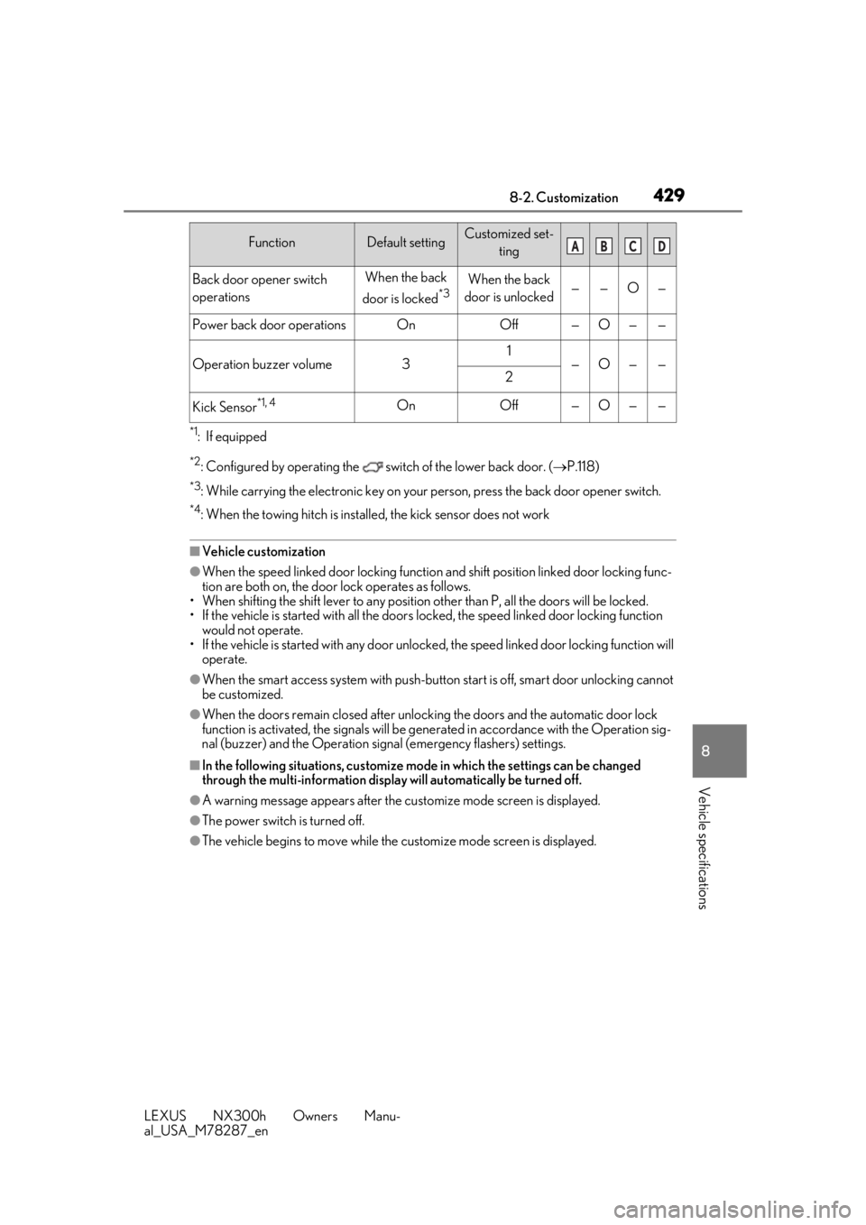 LEXUS NX300H 2019  Owners Manual 4298-2. Customization
LEXUS NX300h Owners Manu-
al_USA_M78287_en
8
Vehicle specifications
*1: If equipped
*2: Configured by operating the   sw itch of the lower back door. (P.118)
*3: While carryin