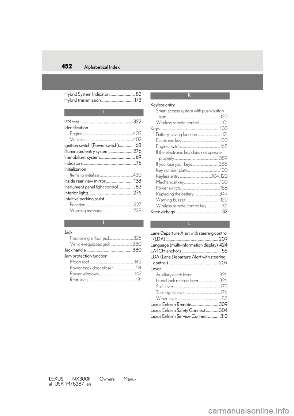 LEXUS NX300H 2019 Owners Manual 452Alphabetical Index
LEXUS NX300h Owners Manu-
al_USA_M78287_en
Hybrid System Indicator.............................. 82
Hybrid transmission...................................... 173
I
I/M test ..... LEXUS NX300H 2019 Owners Manual 452Alphabetical Index
LEXUS NX300h Owners Manu-
al_USA_M78287_en
Hybrid System Indicator.............................. 82
Hybrid transmission...................................... 173
I
I/M test .....