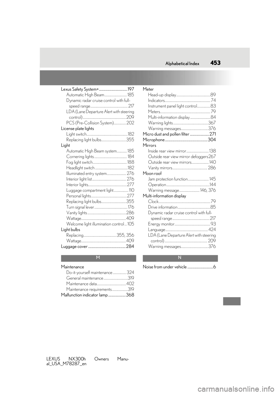 LEXUS NX300H 2019 Owners Manual 453What to do if... (Troubleshooting)
LEXUS NX300h Owners Manu-
al_USA_M78287_en453Alphabetical Index
Lexus Safety System+.................................. 197 Automatic High Beam ................... LEXUS NX300H 2019 Owners Manual 453What to do if... (Troubleshooting)
LEXUS NX300h Owners Manu-
al_USA_M78287_en453Alphabetical Index
Lexus Safety System+.................................. 197 Automatic High Beam ...................