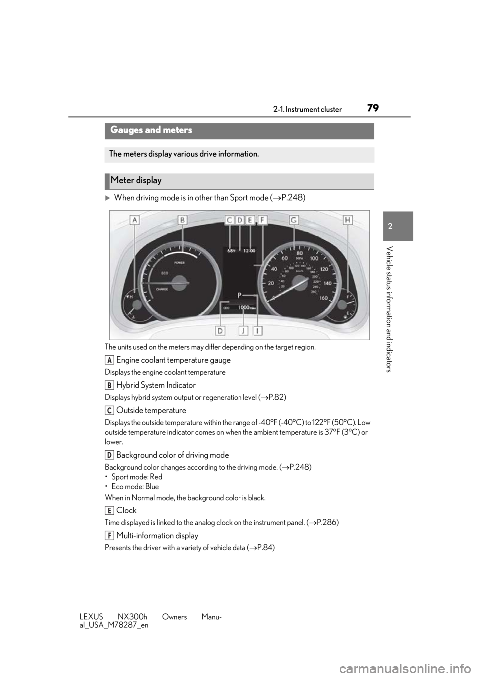 LEXUS NX300H 2019 Manual PDF 792-1. Instrument cluster
LEXUS NX300h Owners Manu-
al_USA_M78287_en
2
Vehicle status information and indicators
When driving mode is in other than Sport mode ( P.248)
The units used on the mete LEXUS NX300H 2019 Manual PDF 792-1. Instrument cluster
LEXUS NX300h Owners Manu-
al_USA_M78287_en
2
Vehicle status information and indicators
When driving mode is in other than Sport mode ( P.248)
The units used on the mete