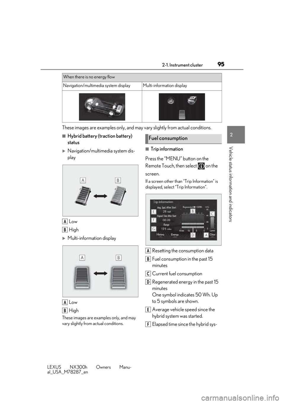 LEXUS NX300H 2019 Owners Manual 952-1. Instrument cluster
LEXUS NX300h Owners Manu-
al_USA_M78287_en
2
Vehicle status information and indicators
These images are examples only, and may vary slightly from actual conditions.
■Hybri LEXUS NX300H 2019 Owners Manual 952-1. Instrument cluster
LEXUS NX300h Owners Manu-
al_USA_M78287_en
2
Vehicle status information and indicators
These images are examples only, and may vary slightly from actual conditions.
■Hybri