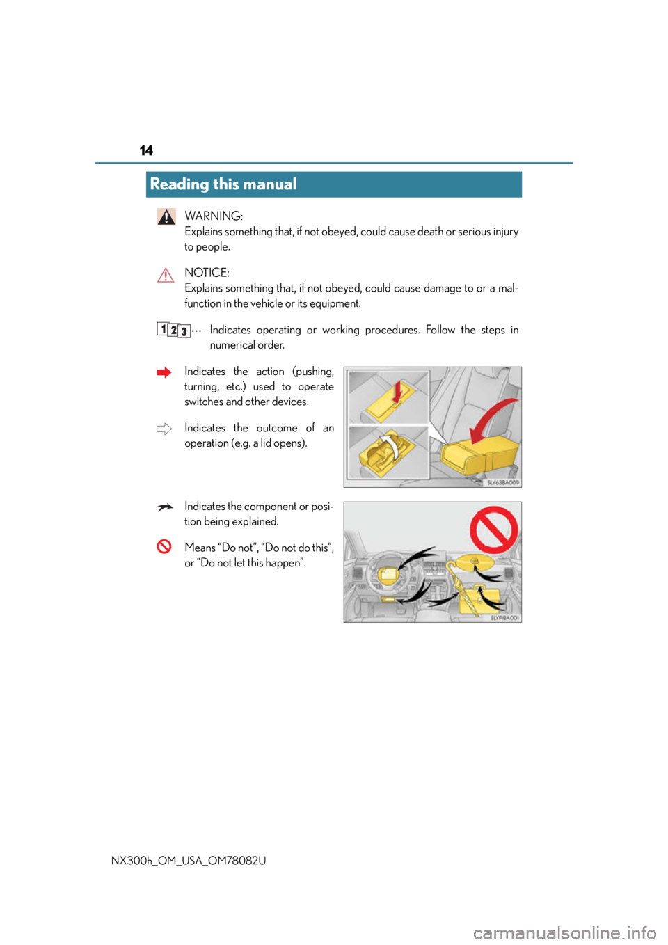 LEXUS NX300H 2016 User Guide 14
NX300h_OM_USA_OM78082U
Reading this manual
WA R N I N G :
Explains something that, if not obeyed, could cause death or serious injury
to people.
NOTICE:
Explains something that, if not obey ed, LEXUS NX300H 2016 User Guide 14
NX300h_OM_USA_OM78082U
Reading this manual
WA R N I N G :
Explains something that, if not obeyed, could cause death or serious injury
to people.
NOTICE:
Explains something that, if not obey ed,