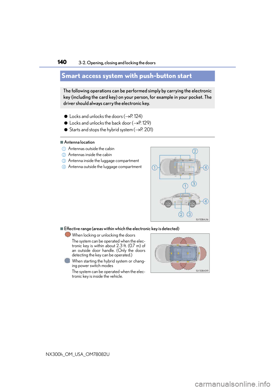 LEXUS NX300H 2016 User Guide 1403-2. Opening, closing and locking the doors
NX300h_OM_USA_OM78082U
Smart access system with push-button start
●Locks and unlocks the doors ( P. 1 2 4 )
●Locks and unlocks the back door ( LEXUS NX300H 2016 User Guide 1403-2. Opening, closing and locking the doors
NX300h_OM_USA_OM78082U
Smart access system with push-button start
●Locks and unlocks the doors ( P. 1 2 4 )
●Locks and unlocks the back door (