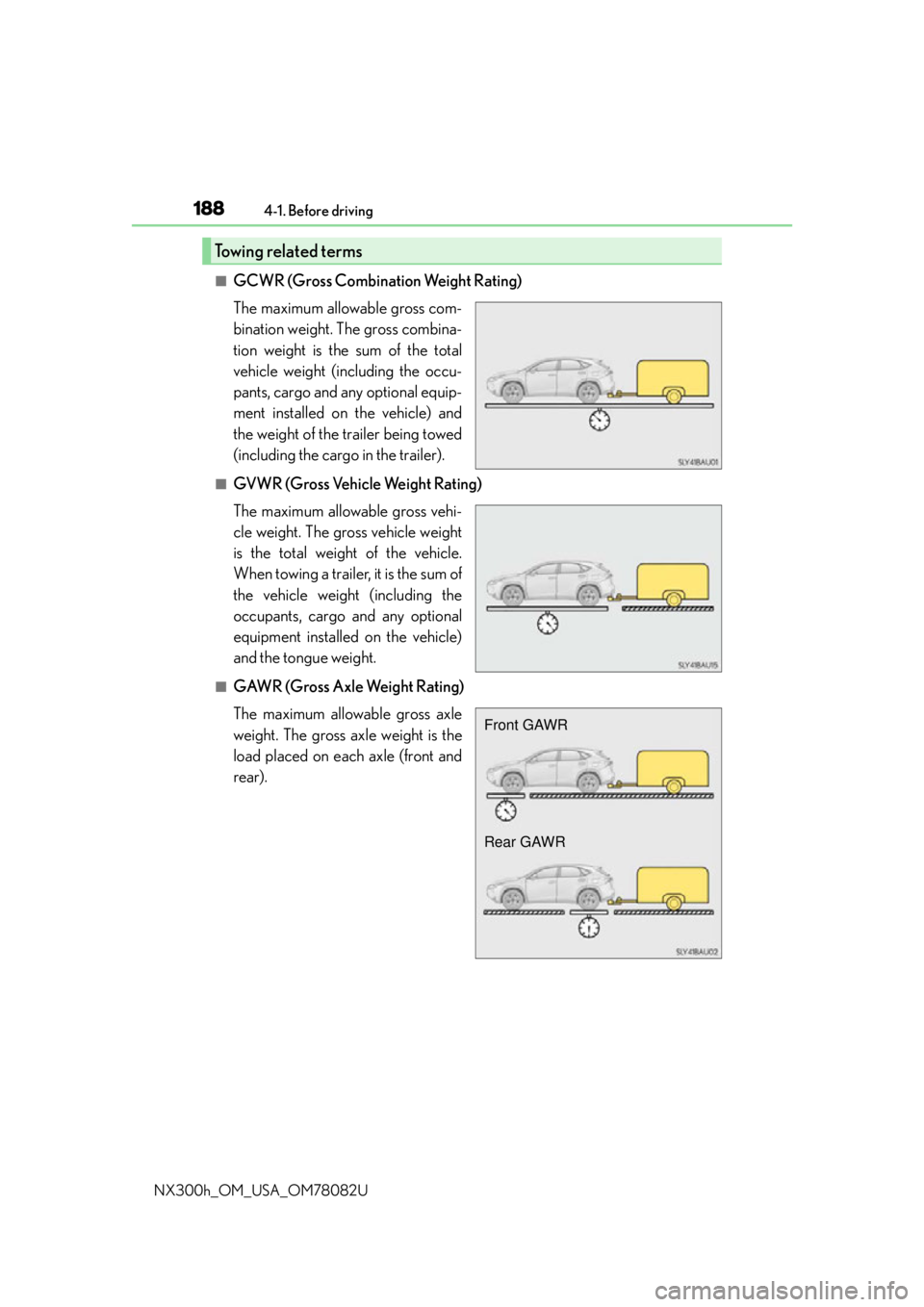 LEXUS NX300H 2016 Owners Manual 1884-1. Before driving
NX300h_OM_USA_OM78082U
■GCWR (Gross Combination Weight Rating)
The maximum allowable gross com-
bination weight. The gross combina-
tion weight is the sum of the total
vehicle LEXUS NX300H 2016 Owners Manual 1884-1. Before driving
NX300h_OM_USA_OM78082U
■GCWR (Gross Combination Weight Rating)
The maximum allowable gross com-
bination weight. The gross combina-
tion weight is the sum of the total
vehicle