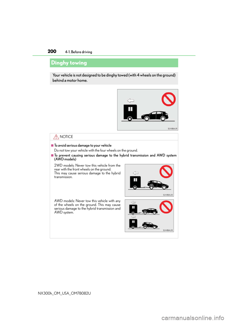 LEXUS NX300H 2016 Owners Manual 2004-1. Before driving
NX300h_OM_USA_OM78082U
Dinghy towing
Your vehicle is not designed to be ding hy towed (with 4 wheels on the ground)
behind a motor home.
NOTICE
■To avoid serious damage to yo LEXUS NX300H 2016 Owners Manual 2004-1. Before driving
NX300h_OM_USA_OM78082U
Dinghy towing
Your vehicle is not designed to be ding hy towed (with 4 wheels on the ground)
behind a motor home.
NOTICE
■To avoid serious damage to yo