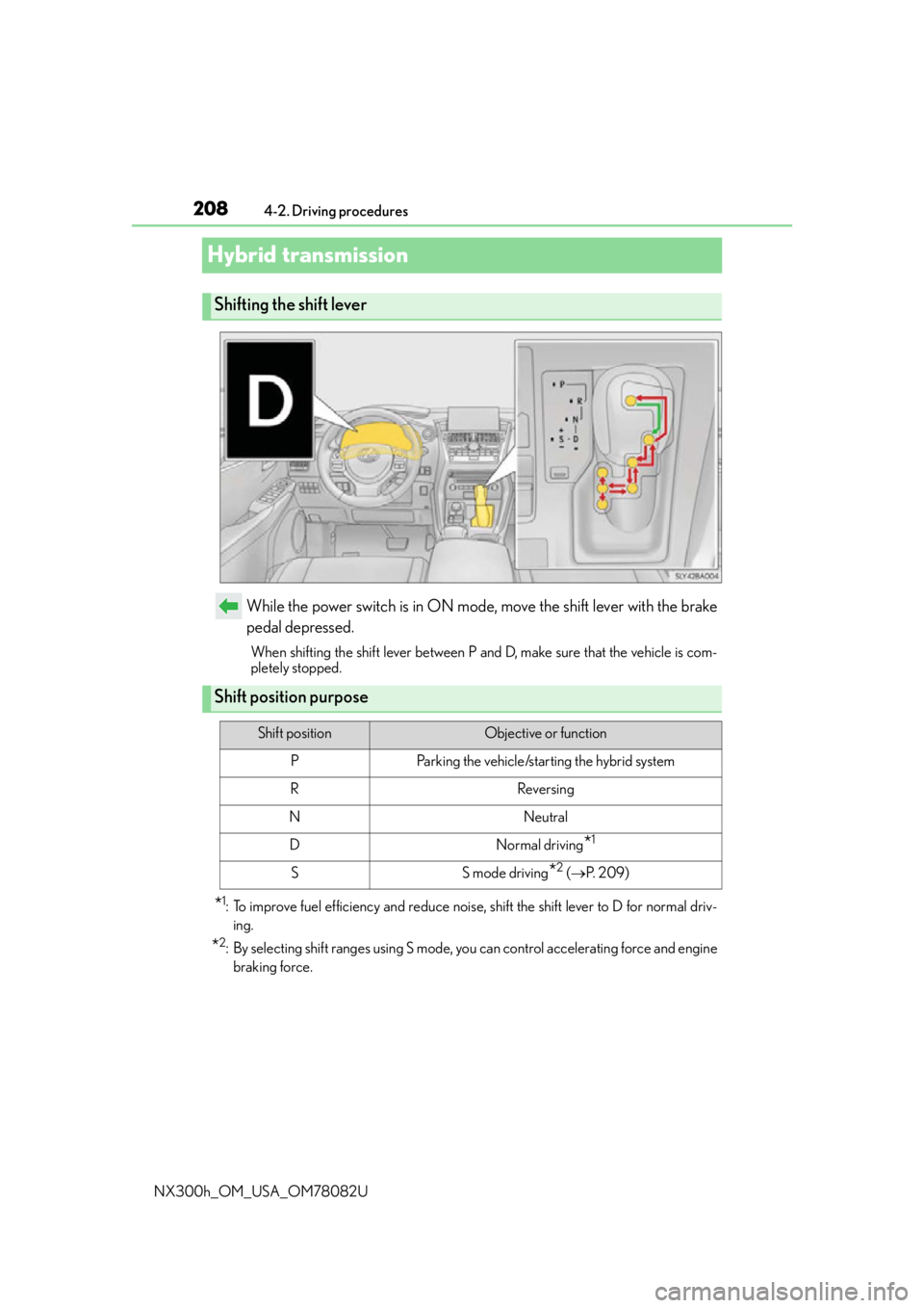 LEXUS NX300H 2016 Owners Manual 2084-2. Driving procedures
NX300h_OM_USA_OM78082U
Hybrid transmission
While the power switch is in ON mode, move the shift lever with the brake
pedal depressed.
When shifting the shift lever between P LEXUS NX300H 2016 Owners Manual 2084-2. Driving procedures
NX300h_OM_USA_OM78082U
Hybrid transmission
While the power switch is in ON mode, move the shift lever with the brake
pedal depressed.
When shifting the shift lever between P