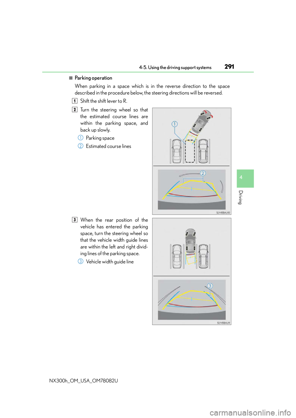 LEXUS NX300H 2016 Owners Manual 2914-5. Using the driving support systems
4
Driving
NX300h_OM_USA_OM78082U
■Pa r k i n g o p e ra t i o n
When parking in a space which is in the reverse direction to the space
described in the pro LEXUS NX300H 2016 Owners Manual 2914-5. Using the driving support systems
4
Driving
NX300h_OM_USA_OM78082U
■Pa r k i n g o p e ra t i o n
When parking in a space which is in the reverse direction to the space
described in the pro