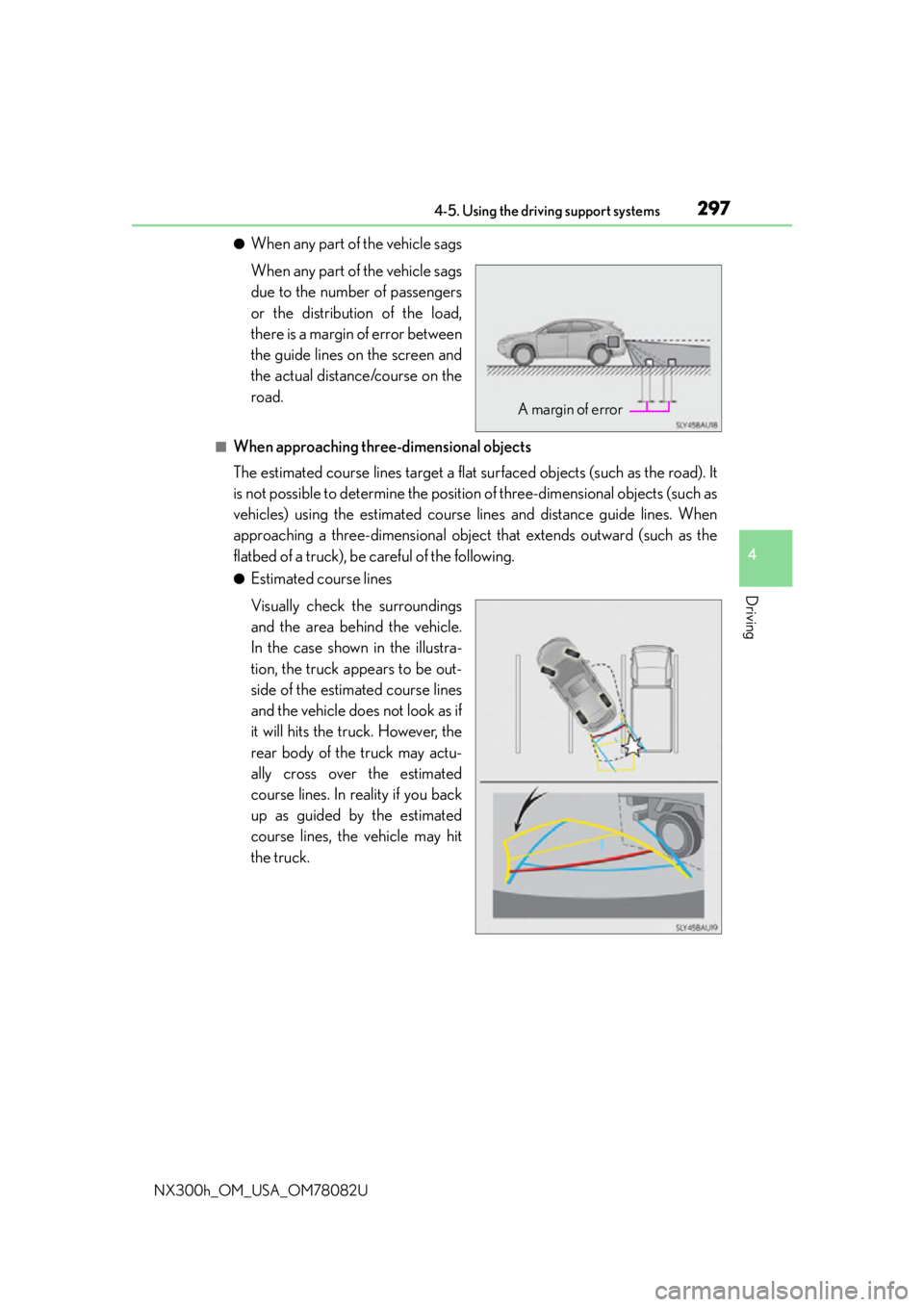 LEXUS NX300H 2016 Owners Manual 2974-5. Using the driving support systems
4
Driving
NX300h_OM_USA_OM78082U
●When any part of the vehicle sags
When any part of the vehicle sags
due to the number of passengers
or the distribution of LEXUS NX300H 2016 Owners Manual 2974-5. Using the driving support systems
4
Driving
NX300h_OM_USA_OM78082U
●When any part of the vehicle sags
When any part of the vehicle sags
due to the number of passengers
or the distribution of