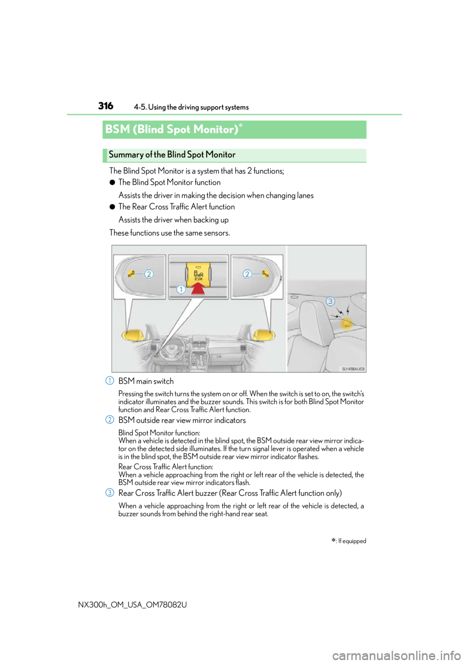 LEXUS NX300H 2016 Owners Manual 3164-5. Using the driving support systems
NX300h_OM_USA_OM78082U
BSM (Blind Spot Monitor)
The Blind Spot Monitor is a system that has 2 functions;
●The Blind Spot Monitor function
Assists the dri LEXUS NX300H 2016 Owners Manual 3164-5. Using the driving support systems
NX300h_OM_USA_OM78082U
BSM (Blind Spot Monitor)
The Blind Spot Monitor is a system that has 2 functions;
●The Blind Spot Monitor function
Assists the dri
