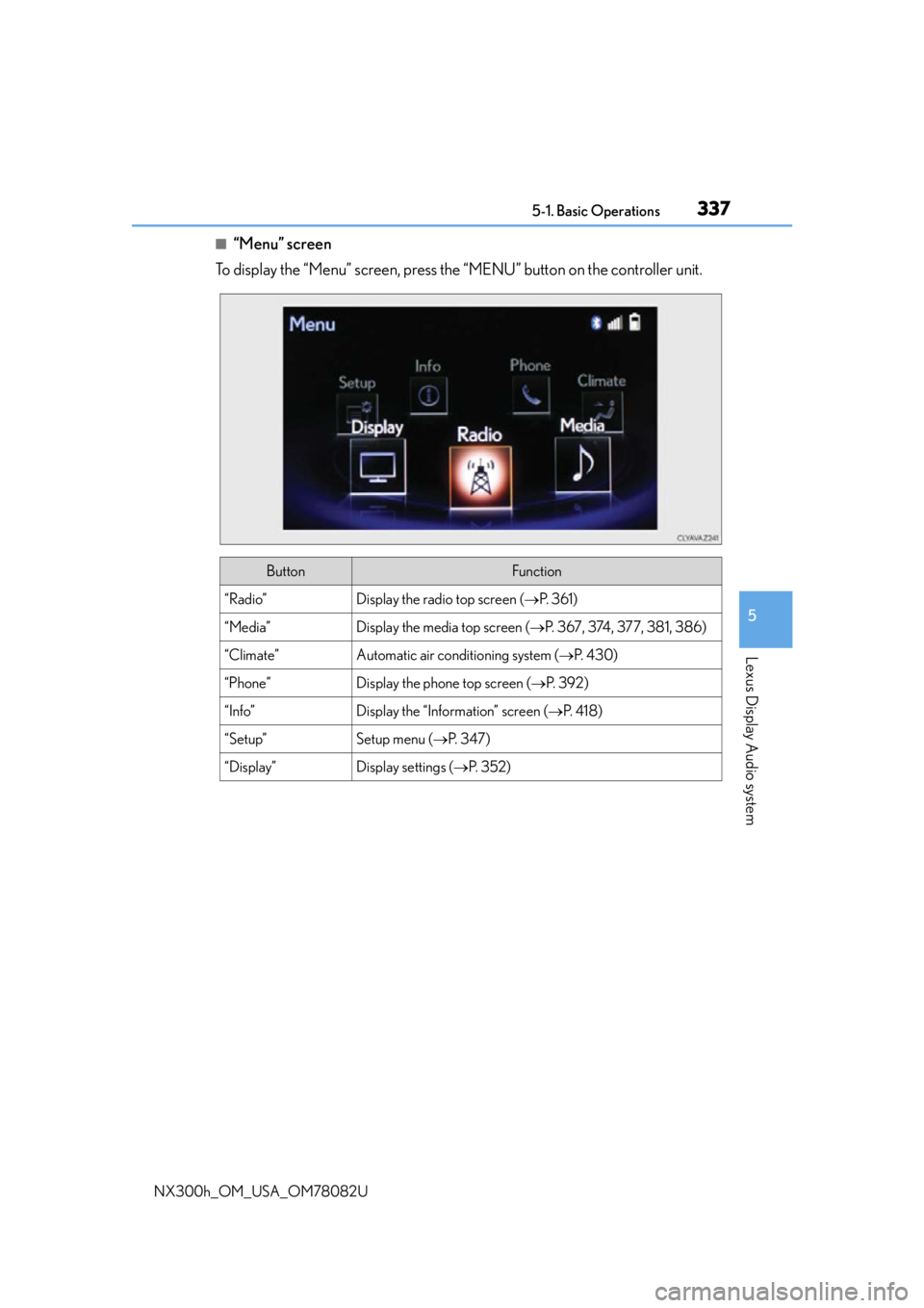 LEXUS NX300H 2016 Owners Manual 3375-1. Basic Operations
5
Lexus Display Audio system
NX300h_OM_USA_OM78082U
■“Menu” screen
To display the “Menu” screen, press the “MENU” button on the controller unit.
ButtonFunction
LEXUS NX300H 2016 Owners Manual 3375-1. Basic Operations
5
Lexus Display Audio system
NX300h_OM_USA_OM78082U
■“Menu” screen
To display the “Menu” screen, press the “MENU” button on the controller unit.
ButtonFunction