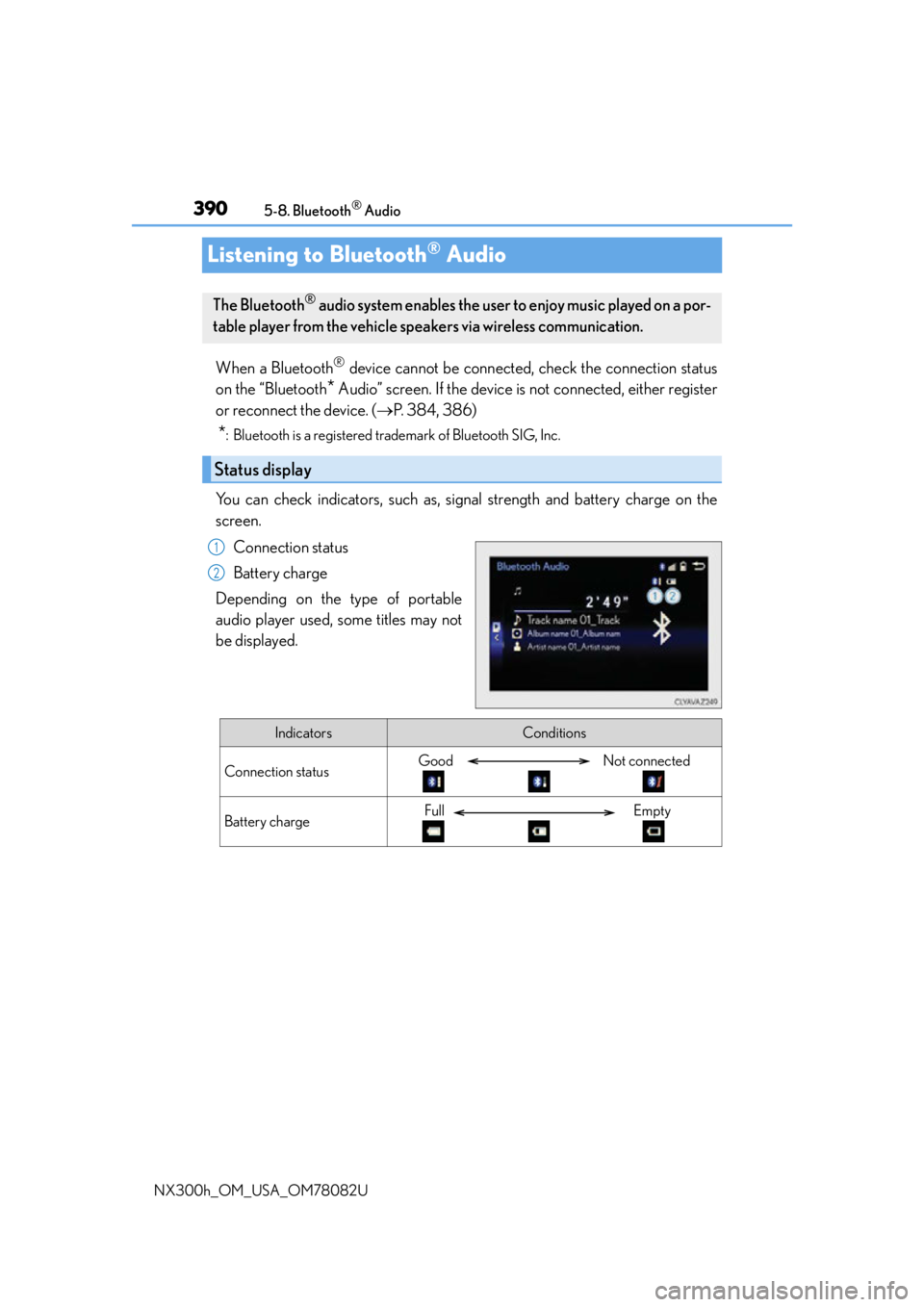 LEXUS NX300H 2016 Owners Manual 3905-8. Bluetooth® Audio
NX300h_OM_USA_OM78082U
Listening to Bluetooth® Audio
When a Bluetooth® device cannot be connected, check the connection status
on the “Bluetooth
* Audio” screen. If the LEXUS NX300H 2016 Owners Manual 3905-8. Bluetooth® Audio
NX300h_OM_USA_OM78082U
Listening to Bluetooth® Audio
When a Bluetooth® device cannot be connected, check the connection status
on the “Bluetooth
* Audio” screen. If the