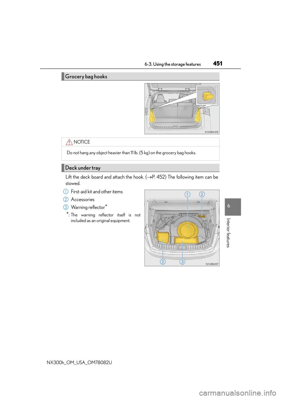 LEXUS NX300H 2016 Owners Manual 4516-3. Using the storage features
6
Interior features
NX300h_OM_USA_OM78082U
Lift the deck board and attach the hook. (P. 452) The following item can be
stowed.
First-aid kit and other items
Acces LEXUS NX300H 2016 Owners Manual 4516-3. Using the storage features
6
Interior features
NX300h_OM_USA_OM78082U
Lift the deck board and attach the hook. (P. 452) The following item can be
stowed.
First-aid kit and other items
Acces