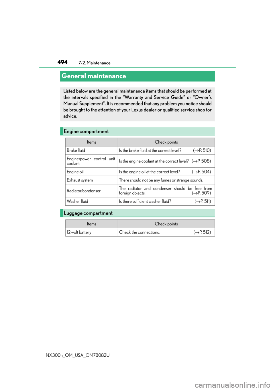 LEXUS NX300H 2016 User Guide 4947-2. Maintenance
NX300h_OM_USA_OM78082U
General maintenance
Listed below are the general maintenance items that should be performed at
the intervals specified in the “Warranty and Service Guide LEXUS NX300H 2016 User Guide 4947-2. Maintenance
NX300h_OM_USA_OM78082U
General maintenance
Listed below are the general maintenance items that should be performed at
the intervals specified in the “Warranty and Service Guide