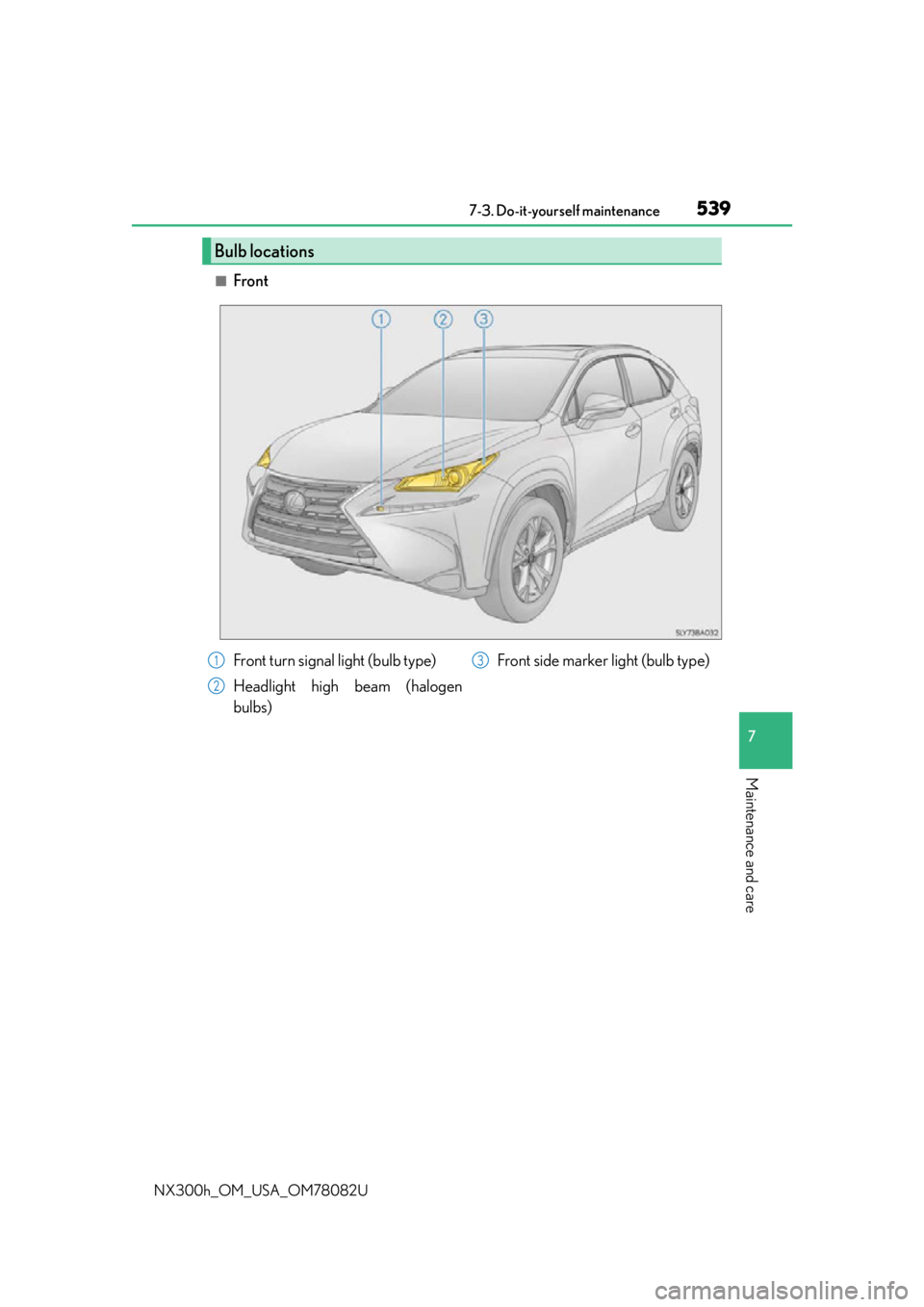 LEXUS NX300H 2016  Owners Manual 5397-3. Do-it-yourself maintenance
7
Maintenance and care
NX300h_OM_USA_OM78082U
■Front
Bulb locations
Front turn signal light (bulb type)
Headlight high beam (halogen
bulbs)Front side marker light 