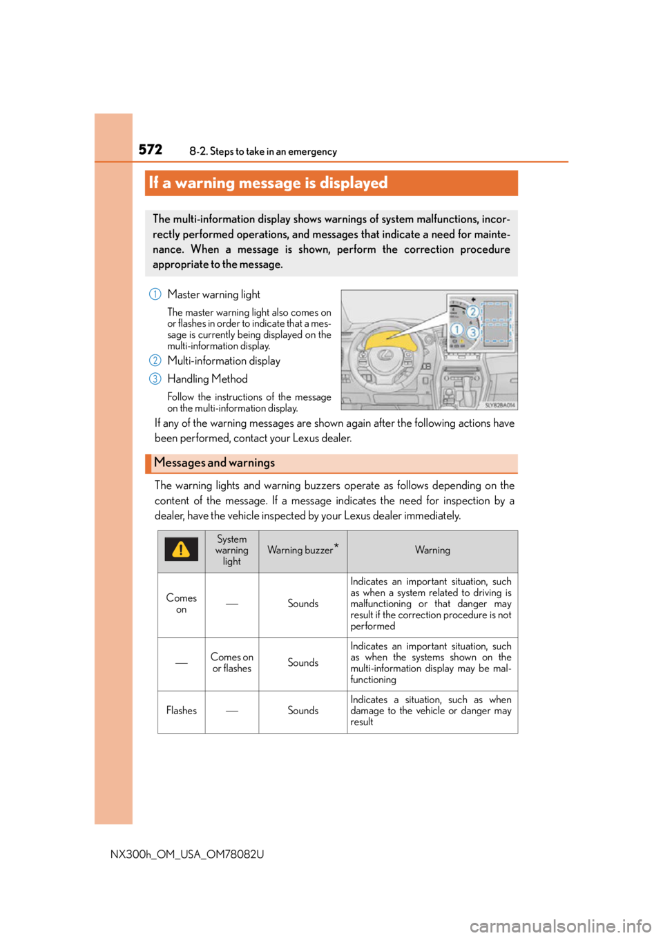 LEXUS NX300H 2016  Owners Manual 5728-2. Steps to take in an emergency
NX300h_OM_USA_OM78082U
If a warning message is displayed
Master warning light
The master warning light also comes on
or flashes in order to indicate that a mes-
s