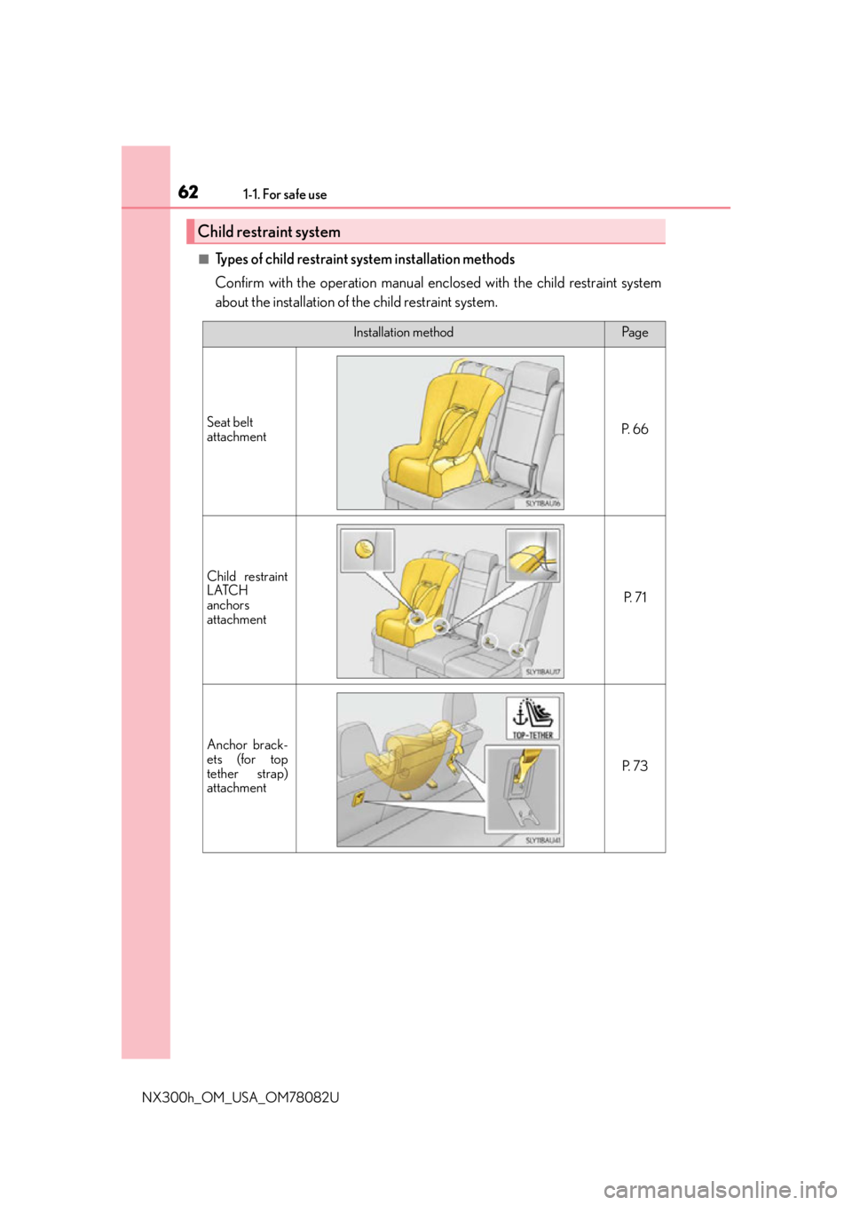 LEXUS NX300H 2016 Repair Manual 621-1. For safe use
NX300h_OM_USA_OM78082U
■Types of child restraint system installation methods
Confirm with the operation manual enclosed with the child restraint system
about the installation of LEXUS NX300H 2016 Repair Manual 621-1. For safe use
NX300h_OM_USA_OM78082U
■Types of child restraint system installation methods
Confirm with the operation manual enclosed with the child restraint system
about the installation of