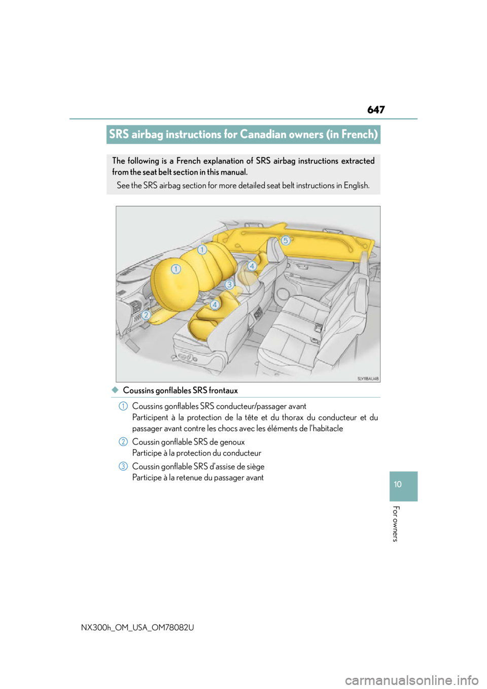 LEXUS NX300H 2016 Owners Manual 647
10
For owners
NX300h_OM_USA_OM78082U
SRS airbag instructions for Canadian owners (in French)
◆Coussins gonflables SRS frontaux
Coussins gonflables SRS conducteur/passager avant
Participent à la LEXUS NX300H 2016 Owners Manual 647
10
For owners
NX300h_OM_USA_OM78082U
SRS airbag instructions for Canadian owners (in French)
◆Coussins gonflables SRS frontaux
Coussins gonflables SRS conducteur/passager avant
Participent à la