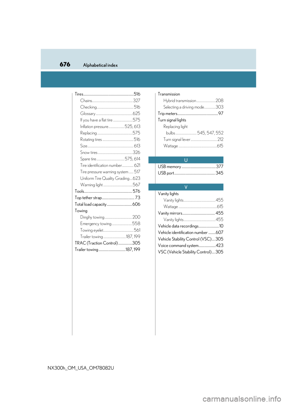 LEXUS NX300H 2016  Owners Manual 676Alphabetical index
NX300h_OM_USA_OM78082U
Tires..............................................................516Chains...................................................... 327
Checking............