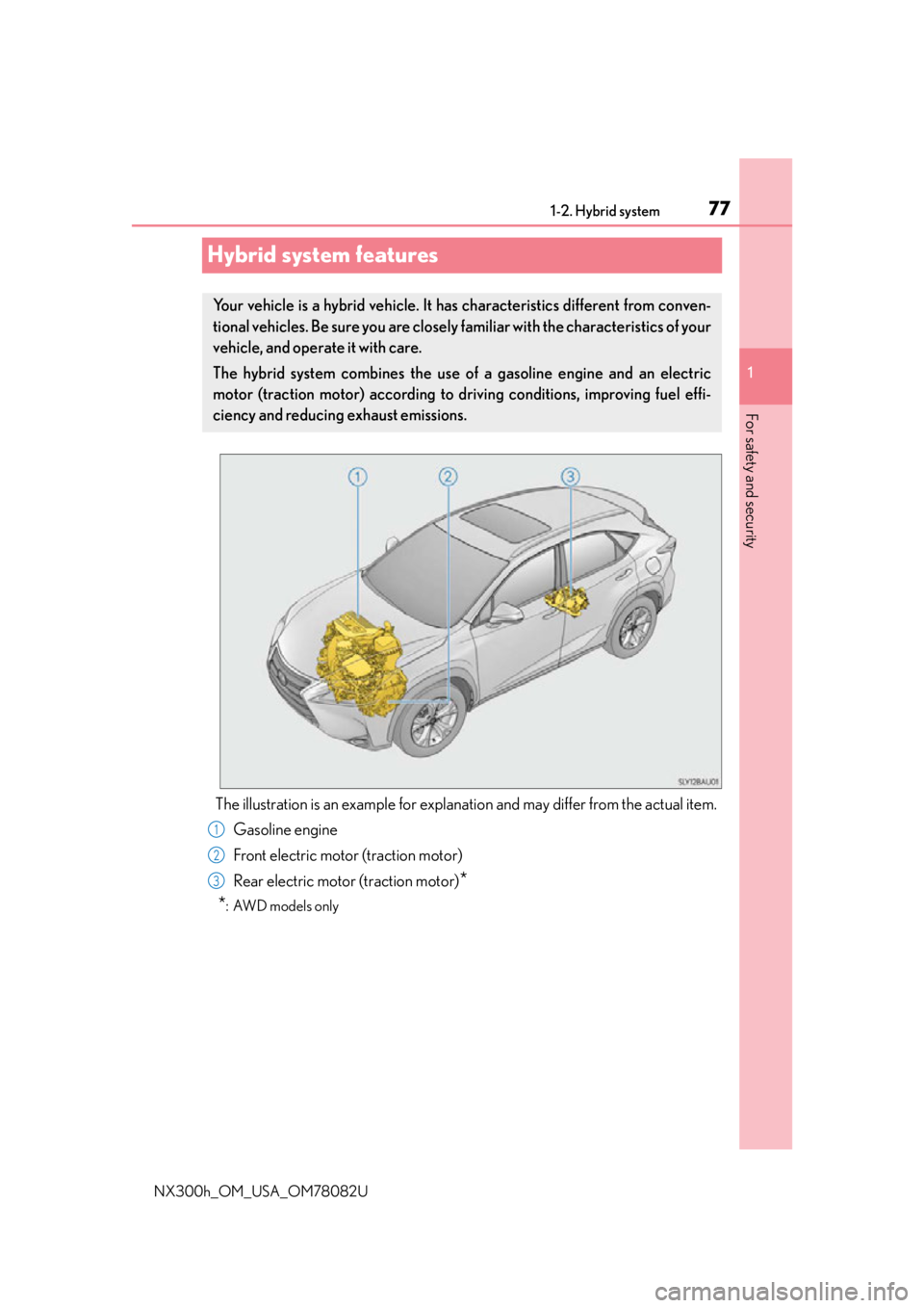 LEXUS NX300H 2016 Manual PDF 771-2. Hybrid system
1
For safety and security
NX300h_OM_USA_OM78082U
Hybrid system features
The illustration is an example for explanation and may differ from the actual item.Gasoline engine
Front el LEXUS NX300H 2016 Manual PDF 771-2. Hybrid system
1
For safety and security
NX300h_OM_USA_OM78082U
Hybrid system features
The illustration is an example for explanation and may differ from the actual item.Gasoline engine
Front el