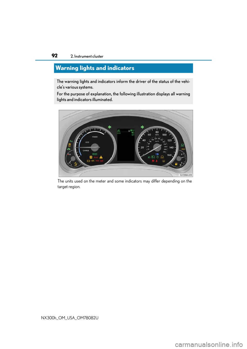 LEXUS NX300H 2016 Owners Manual 922. Instrument cluster
NX300h_OM_USA_OM78082U
Warning lights and indicators
The units used on the meter and some indicators may differ depending on the
target region.
The warning lights and indicator LEXUS NX300H 2016 Owners Manual 922. Instrument cluster
NX300h_OM_USA_OM78082U
Warning lights and indicators
The units used on the meter and some indicators may differ depending on the
target region.
The warning lights and indicator