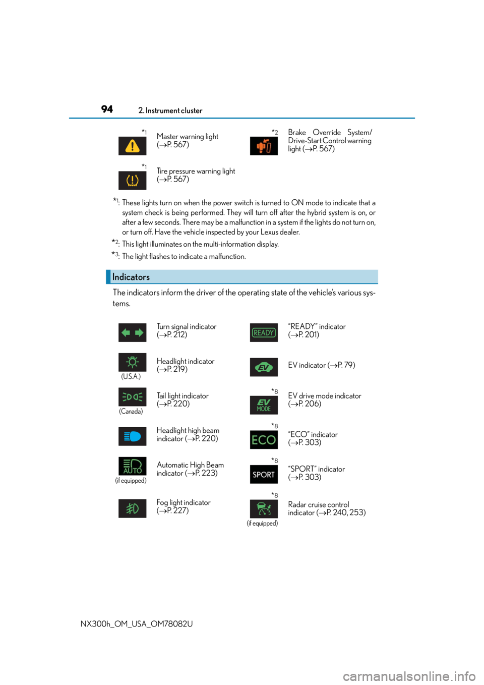 LEXUS NX300H 2016  Owners Manual 942. Instrument cluster
NX300h_OM_USA_OM78082U
*1: These lights turn on when the power switch is turned to ON mode to indicate that a system check is being performed. They will  turn off after the hyb