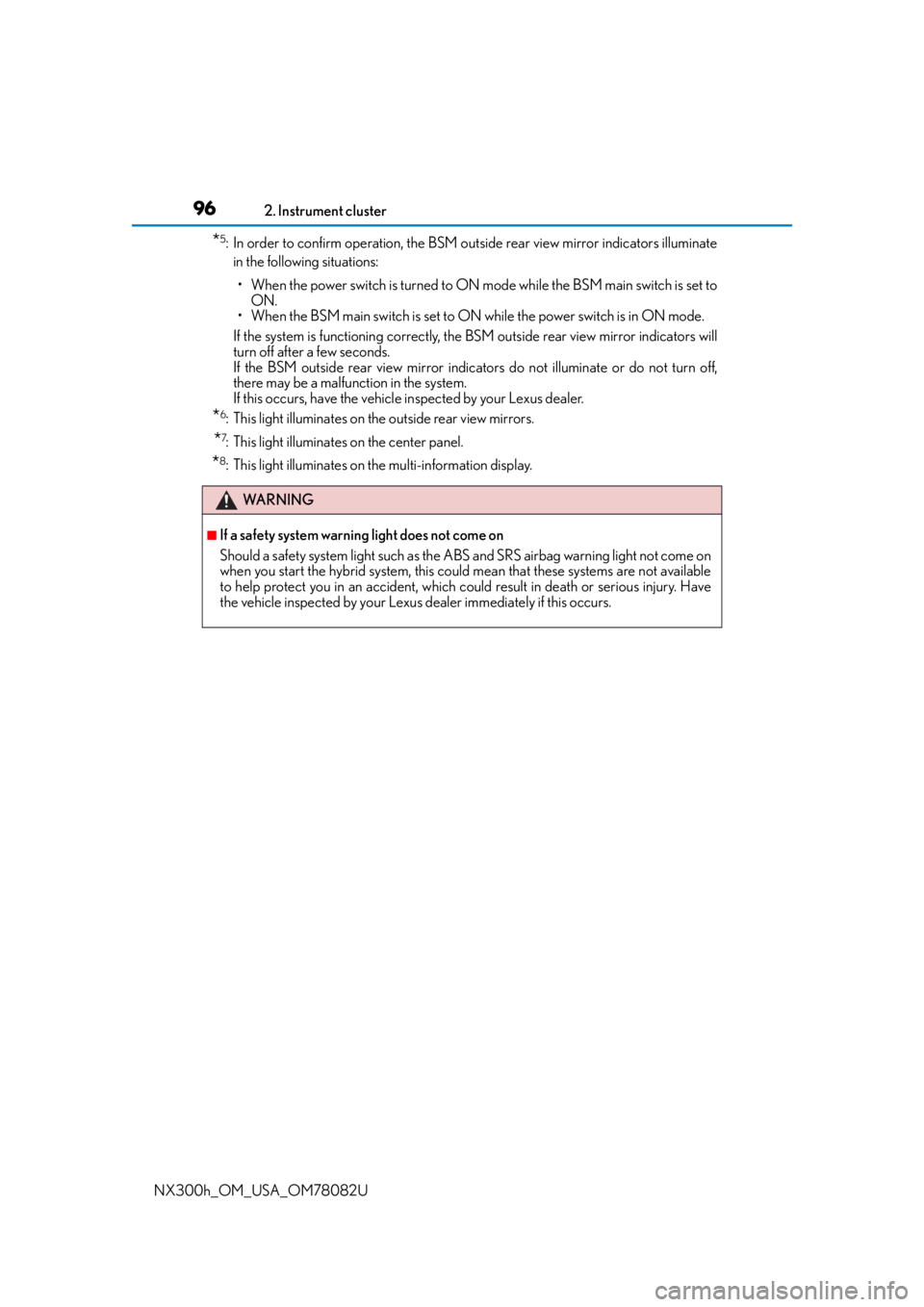 LEXUS NX300H 2016 Owners Manual 962. Instrument cluster
NX300h_OM_USA_OM78082U
*5: In order to confirm operation, the BSM outside rear view mirror indicators illuminate in the following situations:
• When the power switch is turne LEXUS NX300H 2016 Owners Manual 962. Instrument cluster
NX300h_OM_USA_OM78082U
*5: In order to confirm operation, the BSM outside rear view mirror indicators illuminate in the following situations:
• When the power switch is turne