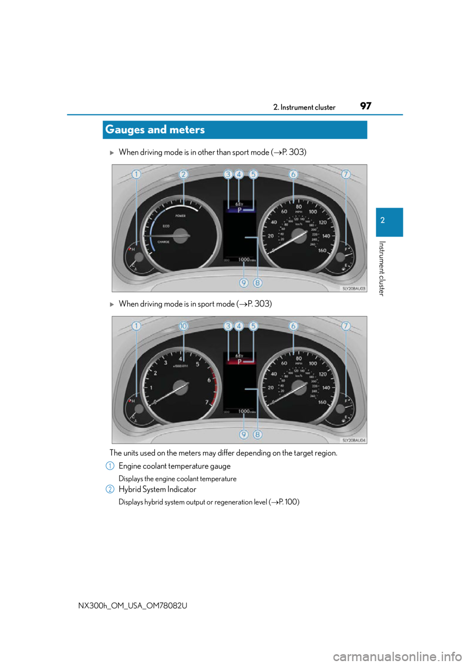 LEXUS NX300H 2016 Owners Manual 972. Instrument cluster
2
Instrument cluster
NX300h_OM_USA_OM78082U
Gauges and meters
When driving mode is in other than sport mode (P. 303)
When driving mode is in sport mode ( P. 3 0 3 LEXUS NX300H 2016 Owners Manual 972. Instrument cluster
2
Instrument cluster
NX300h_OM_USA_OM78082U
Gauges and meters
When driving mode is in other than sport mode (P. 303)
When driving mode is in sport mode ( P. 3 0 3