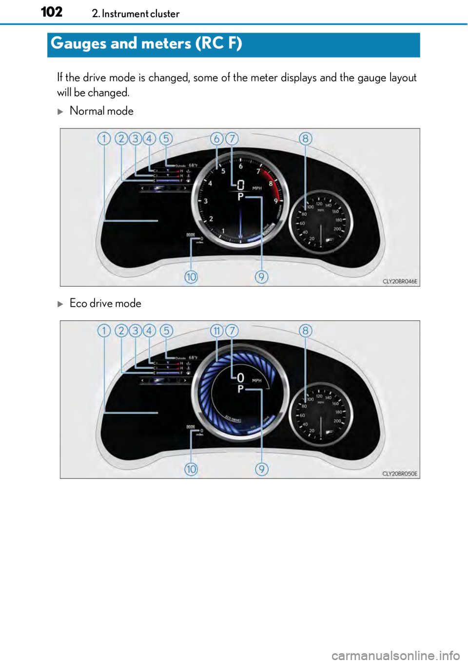 LEXUS RC F 2017 User Guide 1022. Instrument cluster
If the drive mode is changed, some of the meter displays and the gauge layout
will be changed.
Normal mode
Eco drive mode
Gauges and meters (RC F) LEXUS RC F 2017 User Guide 1022. Instrument cluster
If the drive mode is changed, some of the meter displays and the gauge layout
will be changed.
Normal mode
Eco drive mode
Gauges and meters (RC F)