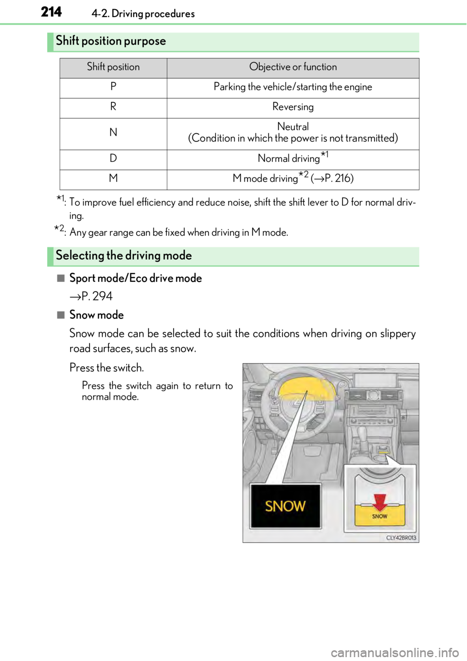 LEXUS RC F 2017 Manual PDF 2144-2. Driving procedures
*1: To improve fuel efficiency and reduce noise, shift the shift lever to D for normal driv-
ing.
*2: Any gear range can be fixed when driving in M mode.
■Sport mode/Eco d LEXUS RC F 2017 Manual PDF 2144-2. Driving procedures
*1: To improve fuel efficiency and reduce noise, shift the shift lever to D for normal driv-
ing.
*2: Any gear range can be fixed when driving in M mode.
■Sport mode/Eco d