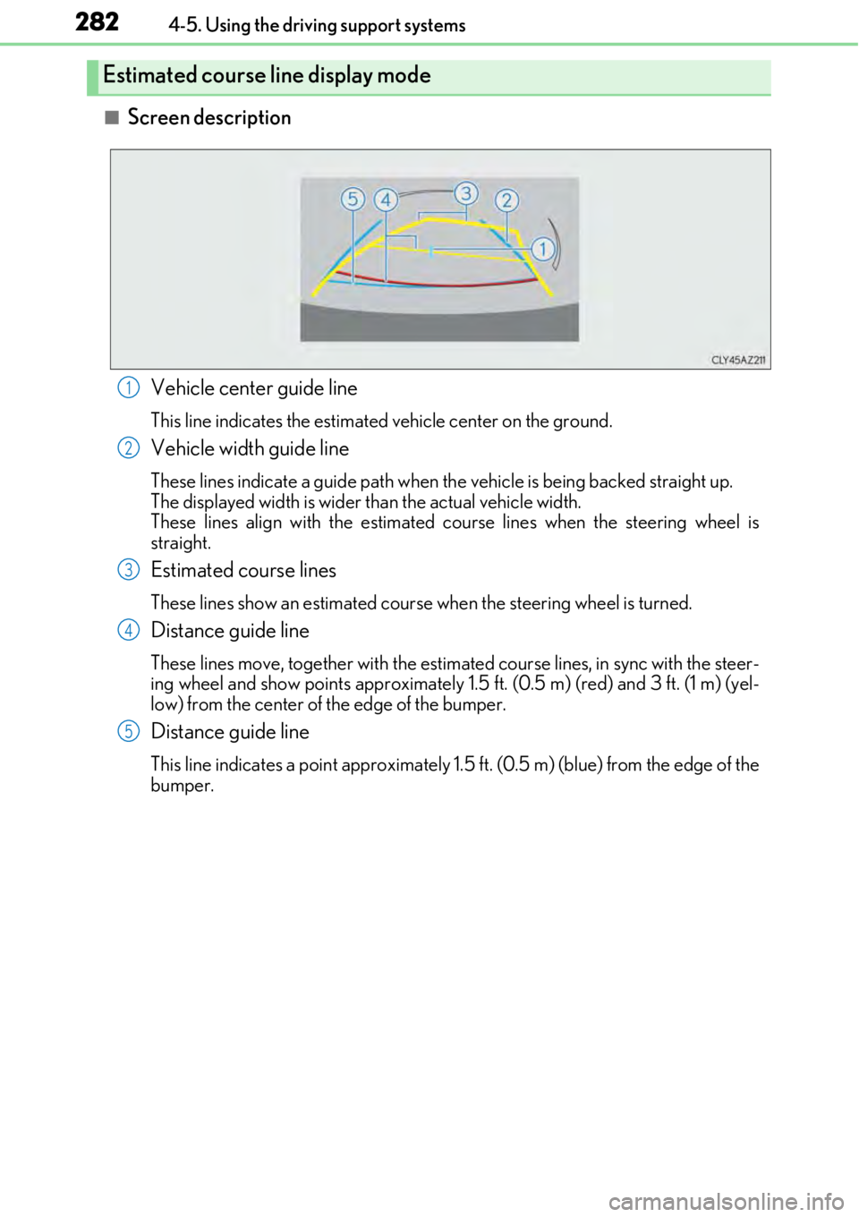 LEXUS RC F 2017 Owners Manual 2824-5. Using the driving support systems
■Screen description
Estimated course line display mode
Vehicle center guide line
This line indicates the estimated vehicle center on the ground.
Vehicle wid LEXUS RC F 2017 Owners Manual 2824-5. Using the driving support systems
■Screen description
Estimated course line display mode
Vehicle center guide line
This line indicates the estimated vehicle center on the ground.
Vehicle wid