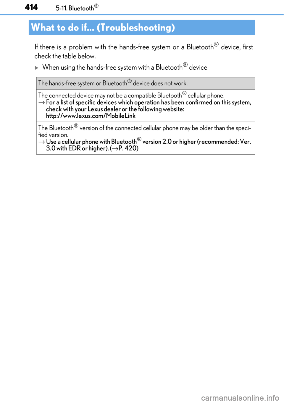 LEXUS RC F 2017 Owners Guide 4145-11. Bluetooth®
If there is a problem with the hands-free system or a Bluetooth® device, first
check the table below.
When using the hands-free system with a Bluetooth® device
What to do if. LEXUS RC F 2017 Owners Guide 4145-11. Bluetooth®
If there is a problem with the hands-free system or a Bluetooth® device, first
check the table below.
When using the hands-free system with a Bluetooth® device
What to do if.