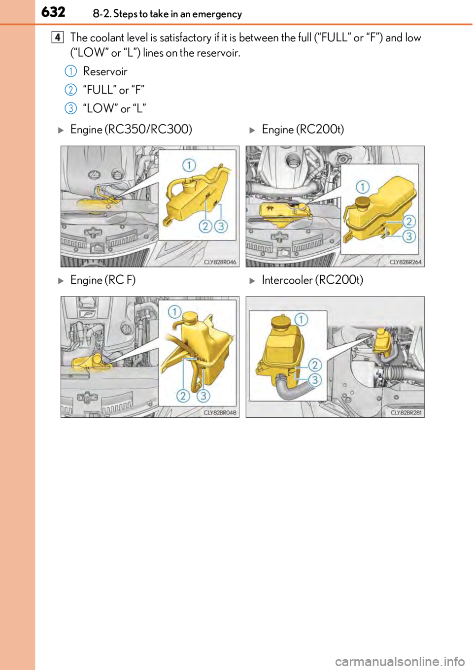 LEXUS RC F 2017  Owners Manual 6328-2. Steps to take in an emergency
The coolant level is satisfactory if it is between the full (“FULL” or “F”) and low
(“LOW” or “L”) lines on the reservoir.
Reservoir
“FULL” or