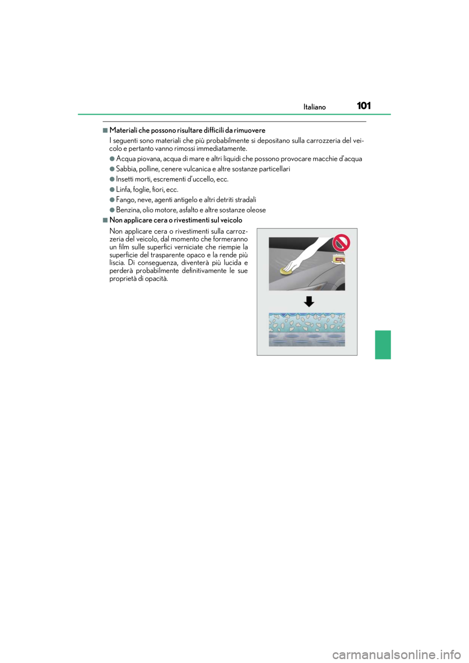 LEXUS RC F 2020 Owners Manual 101Italiano
Matte_Color_Guide
■Materiali che possono risultare difficili da rimuovere
I seguenti sono materiali che più probabilmente si depositano sulla carrozzeria del vei-
colo e pertanto vanno LEXUS RC F 2020 Owners Manual 101Italiano
Matte_Color_Guide
■Materiali che possono risultare difficili da rimuovere
I seguenti sono materiali che più probabilmente si depositano sulla carrozzeria del vei-
colo e pertanto vanno