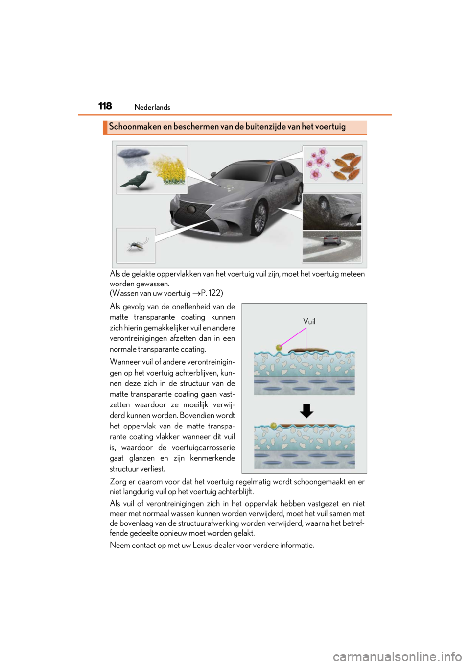 LEXUS RC F 2020 Owners Manual 118Nederlands
Matte_Color_Guide
Als de gelakte oppervlakken van het voertuig vuil zijn, moet het voertuig meteen
worden gewassen.
(Wassen van uw voertuig P. 122)
Als gevolg van de oneffenheid van d LEXUS RC F 2020 Owners Manual 118Nederlands
Matte_Color_Guide
Als de gelakte oppervlakken van het voertuig vuil zijn, moet het voertuig meteen
worden gewassen.
(Wassen van uw voertuig P. 122)
Als gevolg van de oneffenheid van d