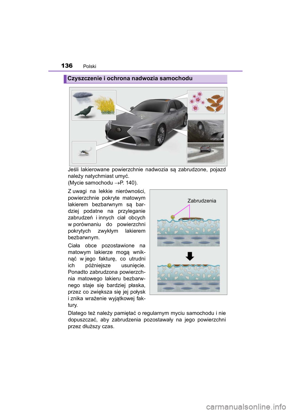 LEXUS RC F 2020 Owners Manual 136Polski
Matte_Color_Guide
Jeśli lakierowane powierzchnie nadwozia są zabrudzone, pojazd
należy natychmiast umyć.
(Mycie samochodu P. 140).
Z uwagi na lekkie nierówności,
powierzchn LEXUS RC F 2020 Owners Manual 136Polski
Matte_Color_Guide
Jeśli lakierowane powierzchnie nadwozia są zabrudzone, pojazd
należy natychmiast umyć.
(Mycie samochodu P. 140).
Z uwagi na lekkie nierówności,
powierzchn