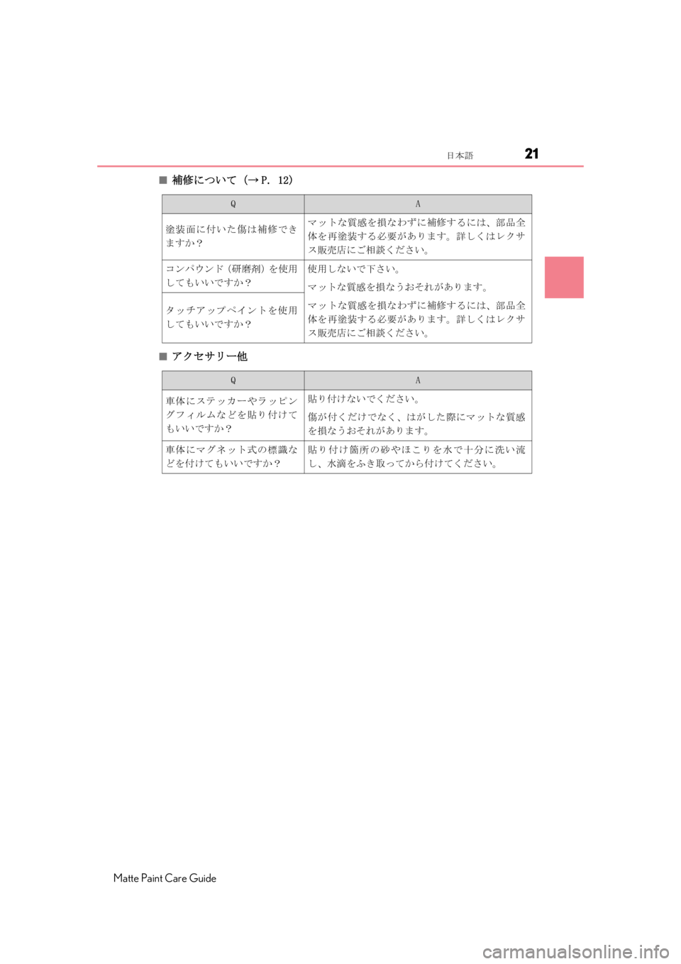 LEXUS RC F 2020 Owners Manual 21日本語
Matte Paint Care Guide
■補修について（→ P. 12)
■アクセサリー他
QA
塗装面に付いた傷は補修でき
ますか？マットな質感を損なわずに補修する