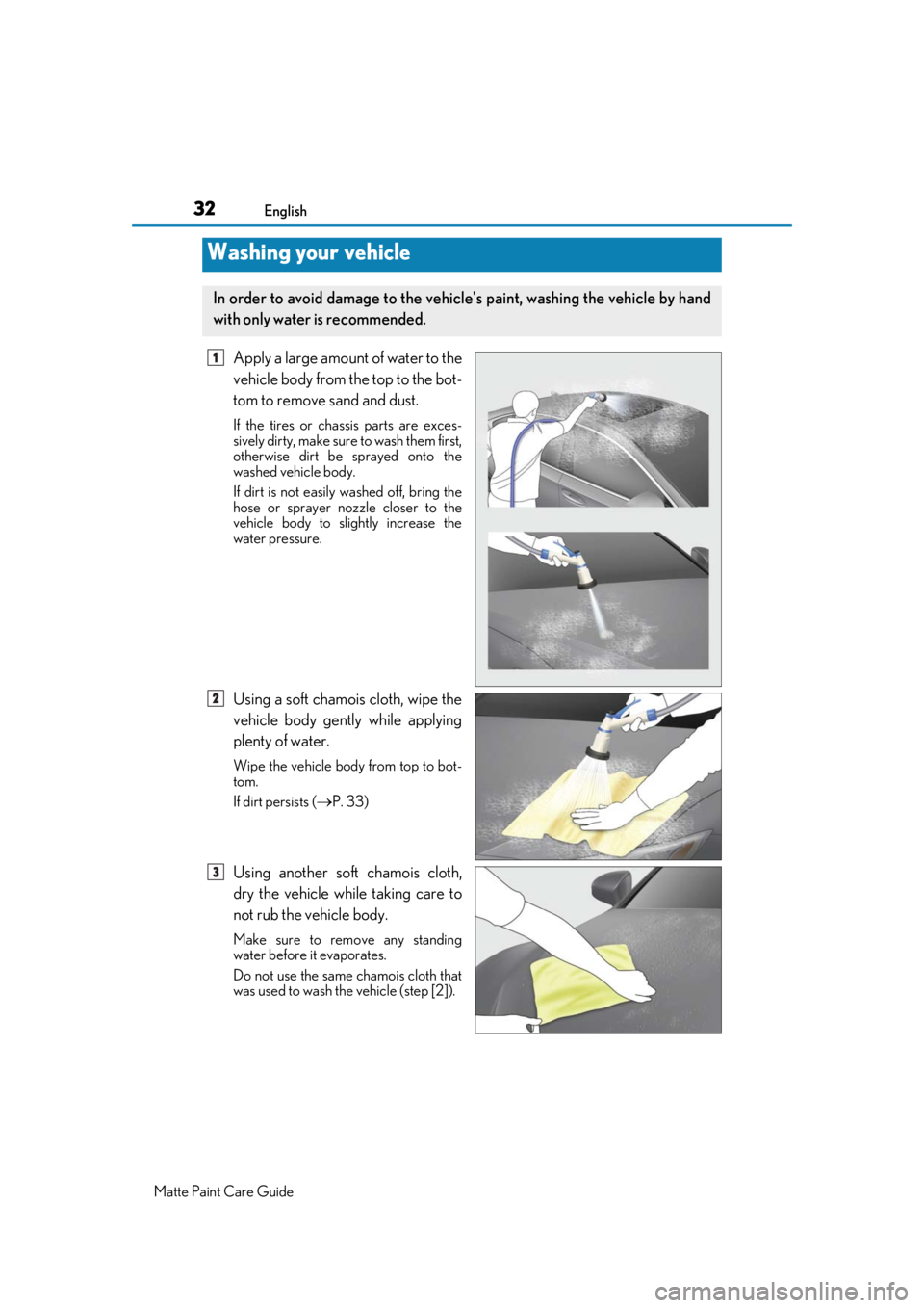 LEXUS RC F 2020  Owners Manual 32English
Matte Paint Care Guide
Apply a large amount of water to the
vehicle body from the top to the bot-
tom to remove sand and dust.
If the tires or chassis parts are exces-
sively dirty, make sur