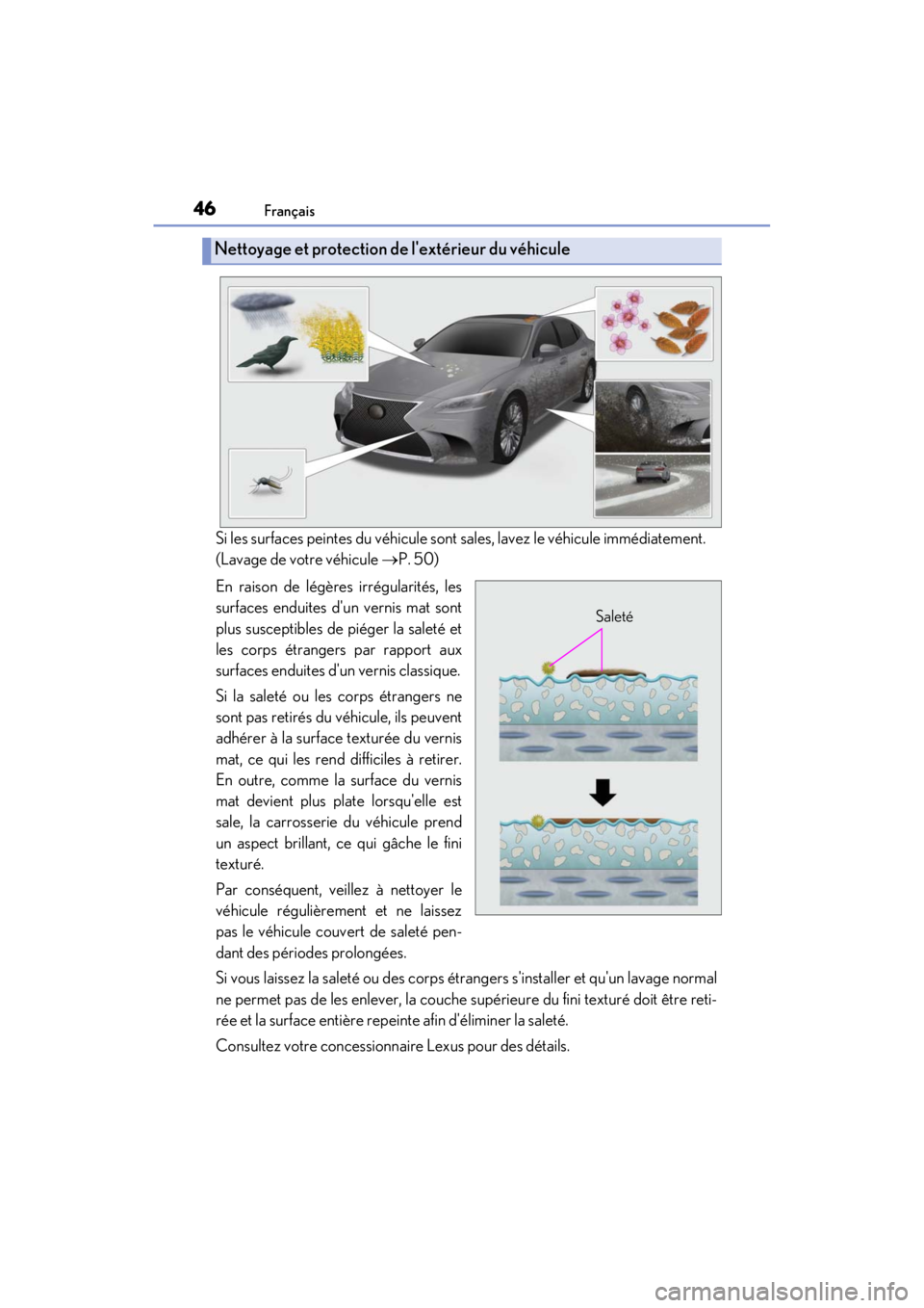LEXUS RC F 2020 Service Manual 46Français
Matte_Color_Guide
Si les surfaces peintes du véhicule sont sales, lavez le véhicule immédiatement.
(Lavage de votre véhicule P. 50)
En raison de légères irrégularités, les
surfa LEXUS RC F 2020 Service Manual 46Français
Matte_Color_Guide
Si les surfaces peintes du véhicule sont sales, lavez le véhicule immédiatement.
(Lavage de votre véhicule P. 50)
En raison de légères irrégularités, les
surfa