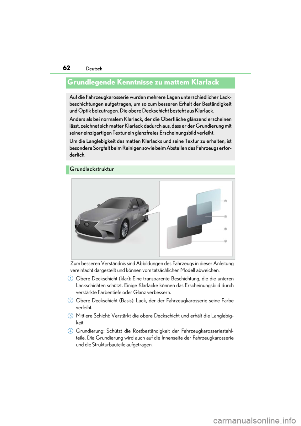 LEXUS RC F 2020 Repair Manual 62Deutsch
Matte_Color_Guide
Zum besseren Verständnis sind Abbildungen des Fahrzeugs in dieser Anleitung
vereinfacht dargestellt und können vom tatsächlichen Modell abweichen.
Obere Deckschicht (kla LEXUS RC F 2020 Repair Manual 62Deutsch
Matte_Color_Guide
Zum besseren Verständnis sind Abbildungen des Fahrzeugs in dieser Anleitung
vereinfacht dargestellt und können vom tatsächlichen Modell abweichen.
Obere Deckschicht (kla