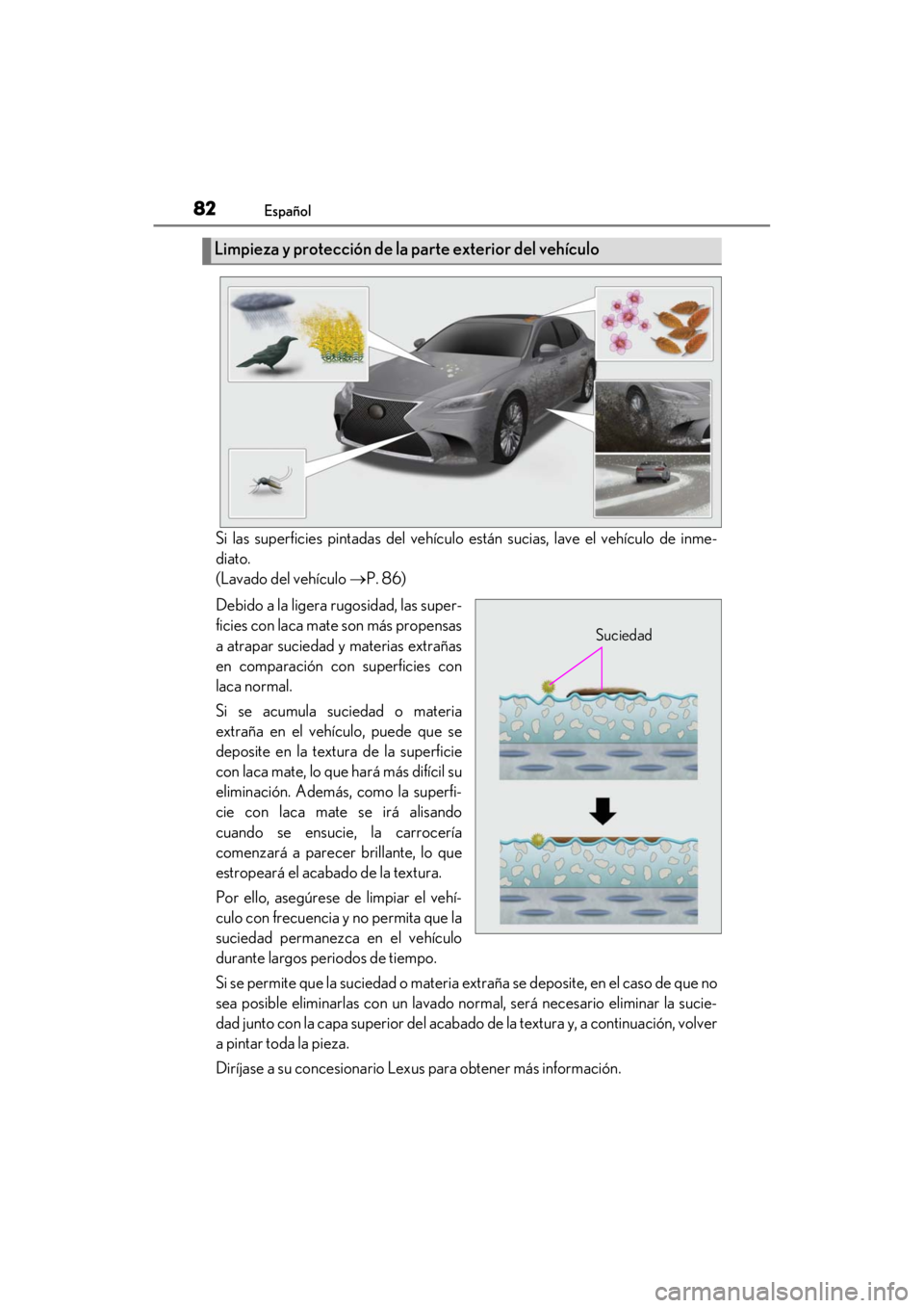 LEXUS RC F 2020 Owners Manual 82Español
Matte_Color_Guide
Si las superficies pintadas del vehículo están sucias, lave el vehículo de inme-
diato.
(Lavado del vehículo P. 86)
Debido a la ligera rugosidad, las super-
ficies LEXUS RC F 2020 Owners Manual 82Español
Matte_Color_Guide
Si las superficies pintadas del vehículo están sucias, lave el vehículo de inme-
diato.
(Lavado del vehículo P. 86)
Debido a la ligera rugosidad, las super-
ficies