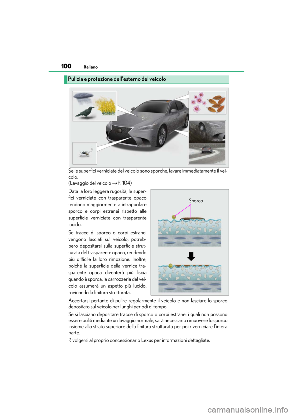 LEXUS RC F 2020 Owners Manual 100Italiano
Matte_Color_Guide
Se le superfici verniciate del veicolo sono sporche, lavare immediatamente il vei-
colo.
(Lavaggio del veicolo P. 104)
Data la loro leggera rugosità, le super-
fici v LEXUS RC F 2020 Owners Manual 100Italiano
Matte_Color_Guide
Se le superfici verniciate del veicolo sono sporche, lavare immediatamente il vei-
colo.
(Lavaggio del veicolo P. 104)
Data la loro leggera rugosità, le super-
fici v