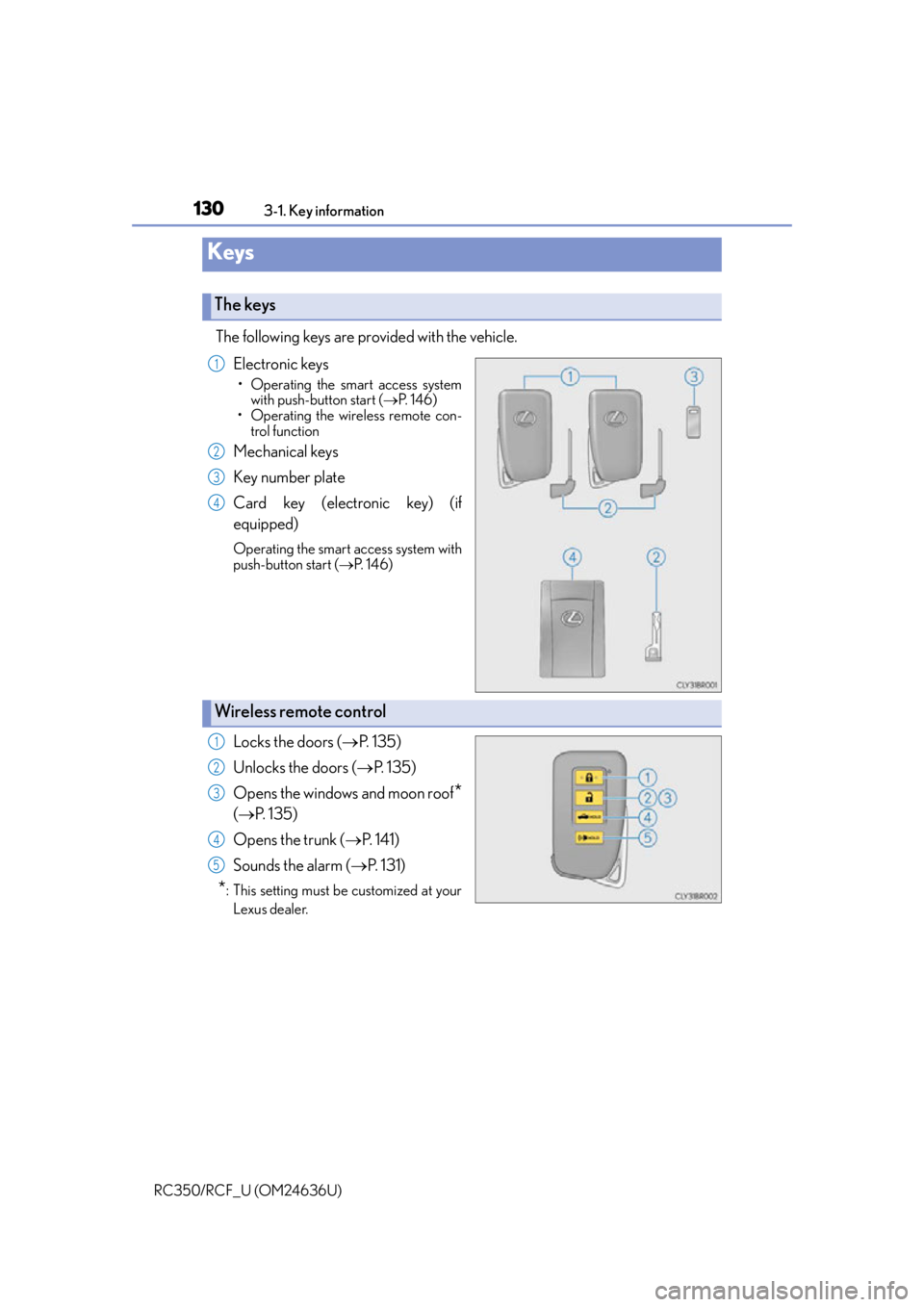 LEXUS RC F 2015  Owners Manual 130
RC350/RCF_U (OM24636U)3-1. Key information
The following keys are provided with the vehicle.
Electronic keys
• Operating the smart access systemwith push-button start ( P.  1 4 6 )
• Operat