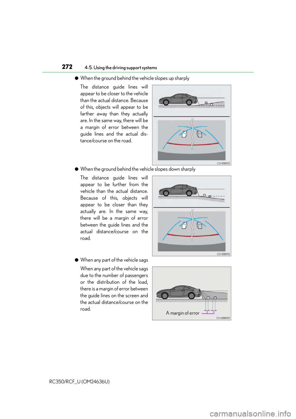 LEXUS RC F 2015 Owners Manual 2724-5. Using the driving support systems
RC350/RCF_U (OM24636U)
●When the ground behind the vehicle slopes up sharply
The distance guide lines will
appear to be closer to the vehicle
than the actua LEXUS RC F 2015 Owners Manual 2724-5. Using the driving support systems
RC350/RCF_U (OM24636U)
●When the ground behind the vehicle slopes up sharply
The distance guide lines will
appear to be closer to the vehicle
than the actua