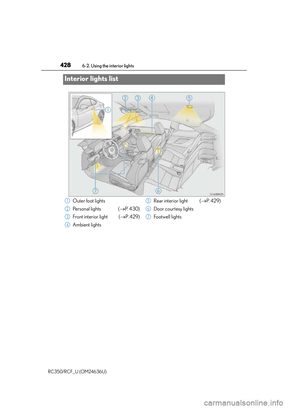 LEXUS RC F 2015 Owners Manual 428
RC350/RCF_U (OM24636U)6-2. Using the interior lights
Interior lights list
Outer foot lights
Personal lights (
P. 4 3 0 )
Front interior light ( P. 4 2 9 )
Ambient lights Rear interior lig LEXUS RC F 2015 Owners Manual 428
RC350/RCF_U (OM24636U)6-2. Using the interior lights
Interior lights list
Outer foot lights
Personal lights (
P. 4 3 0 )
Front interior light ( P. 4 2 9 )
Ambient lights Rear interior lig