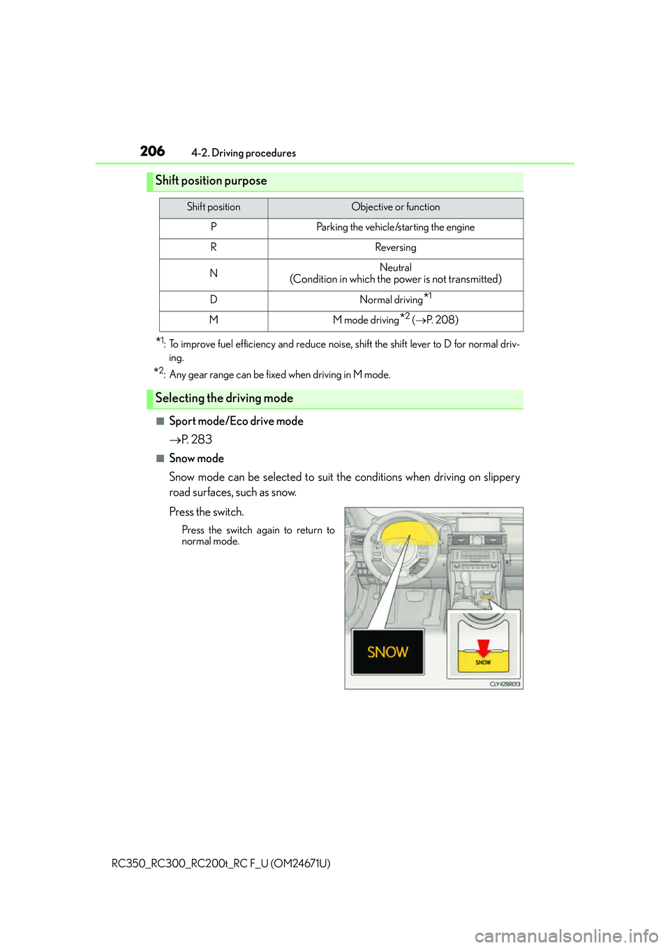 LEXUS RC200T 2016 Owners Manual 2064-2. Driving procedures
RC350_RC300_RC200t_RC F_U (OM24671U)
*1: To improve fuel efficiency and reduce noise, shift the shift lever to D for normal driv-
ing.
*2: Any gear range can be fixed when LEXUS RC200T 2016 Owners Manual 2064-2. Driving procedures
RC350_RC300_RC200t_RC F_U (OM24671U)
*1: To improve fuel efficiency and reduce noise, shift the shift lever to D for normal driv-
ing.
*2: Any gear range can be fixed when