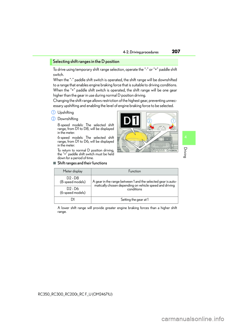 LEXUS RC200T 2016 Repair Manual 2074-2. Driving procedures
4
Driving
RC350_RC300_RC200t_RC F_U (OM24671U)
To drive using temporary shift range selection, operate the “-” or “+” paddle shift
switch.
When the “-” paddle s LEXUS RC200T 2016 Repair Manual 2074-2. Driving procedures
4
Driving
RC350_RC300_RC200t_RC F_U (OM24671U)
To drive using temporary shift range selection, operate the “-” or “+” paddle shift
switch.
When the “-” paddle s